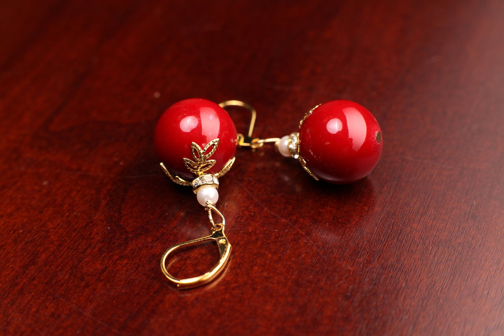 Dark Bright Red South Sea Shell Pearl 16mm Large High Luster, Freshwater Pearl Spacer, Gold Leaf Cap Rhinestone Leverback Earrings