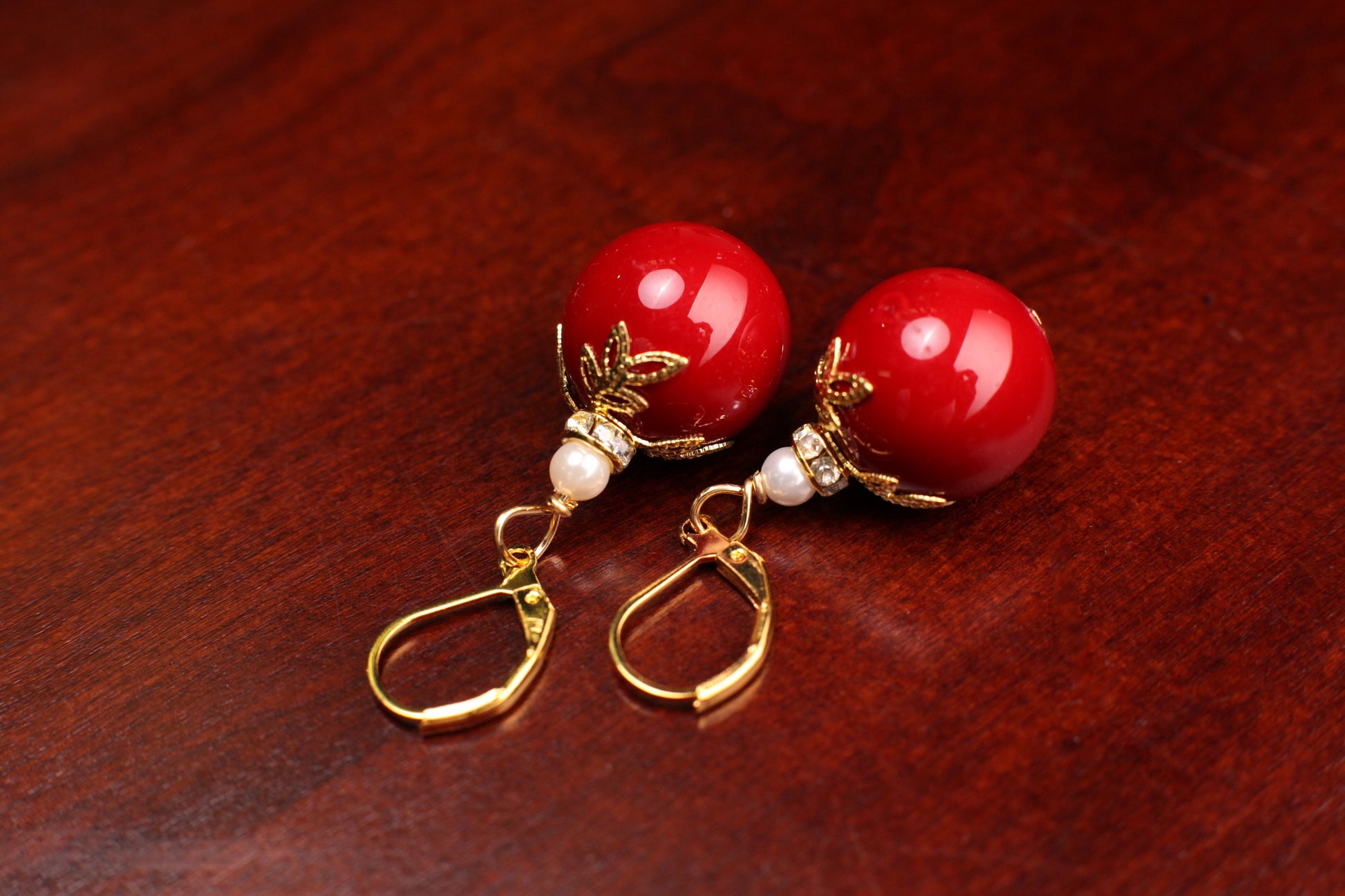 Dark Bright Red South Sea Shell Pearl 16mm Large High Luster, Freshwater Pearl Spacer, Gold Leaf Cap Rhinestone Leverback Earrings