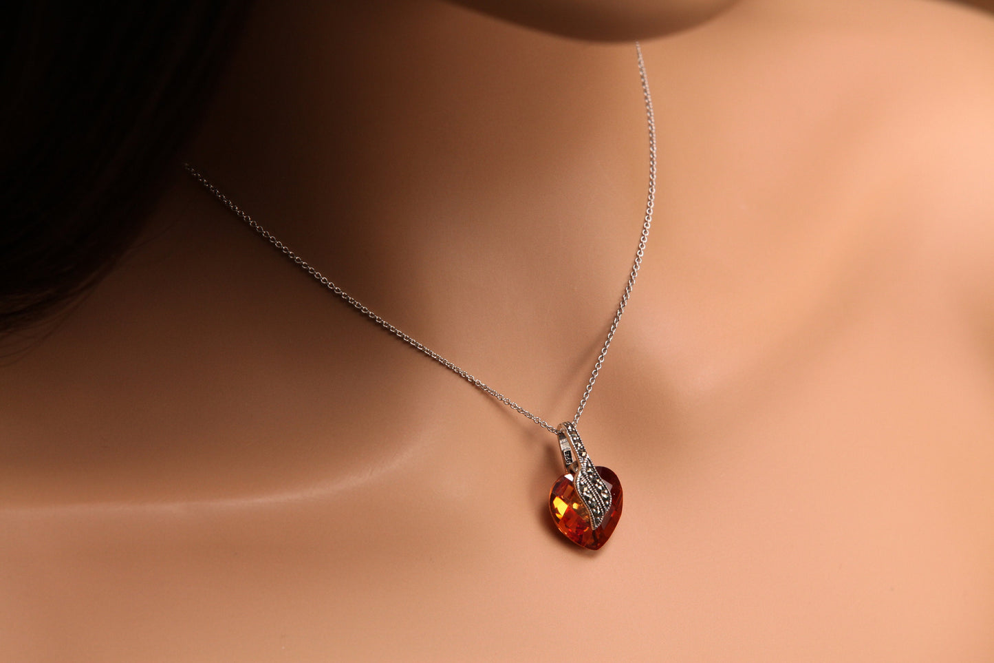 Brandy Topaz 15mm Heart Shape Pendant Marcasite 925 Sterling Silver whisky Topaz necklace Evening Wear, Boho, Bridal, Fancy valentine gift