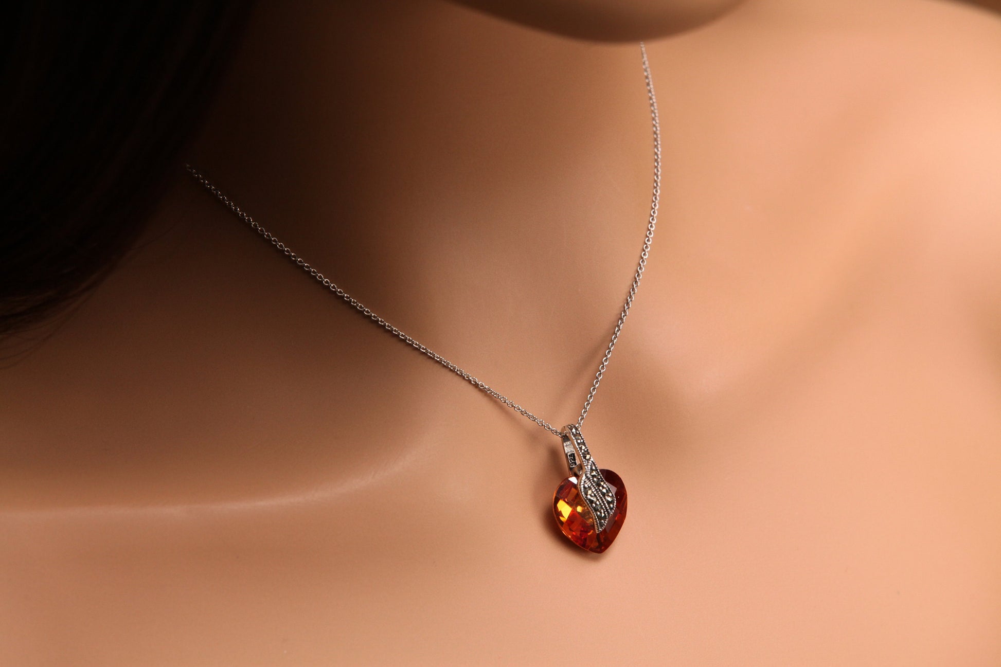 Brandy Topaz 15mm Heart Shape Pendant Marcasite 925 Sterling Silver whisky Topaz necklace Evening Wear, Boho, Bridal, Fancy valentine gift