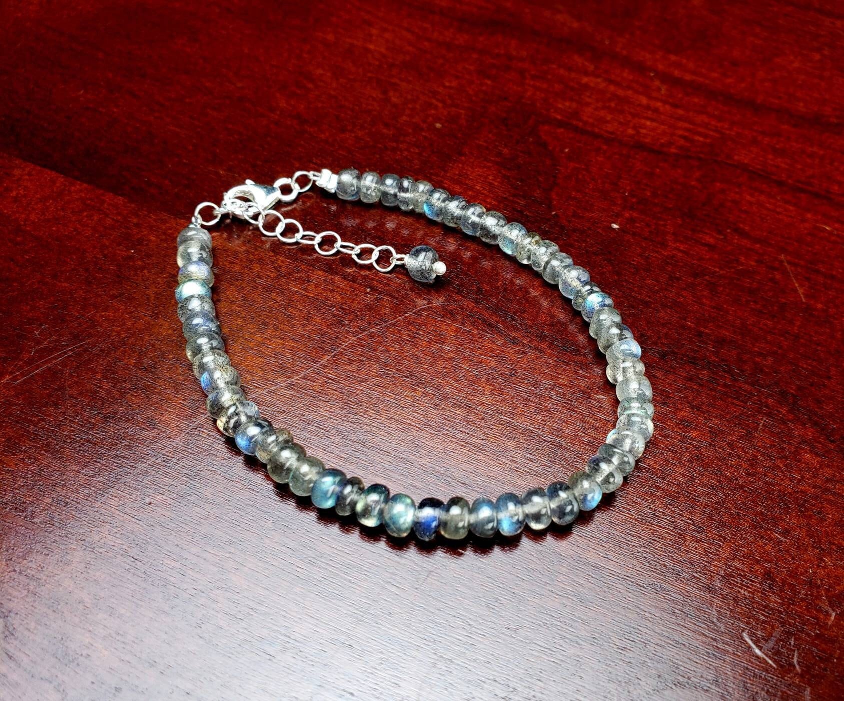 Labradorite Smooth Roundel 5-5.5mmBlue Flashy 925 Sterling Silver Bracelet with Optional 1" Extender, Gift, Chakra, Yoga Energy Healing gift