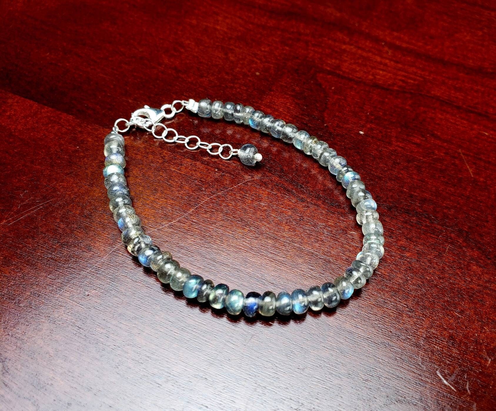 Labradorite Smooth Roundel 5-5.5mmBlue Flashy 925 Sterling Silver Bracelet with Optional 1" Extender, Gift, Chakra, Yoga Energy Healing gift