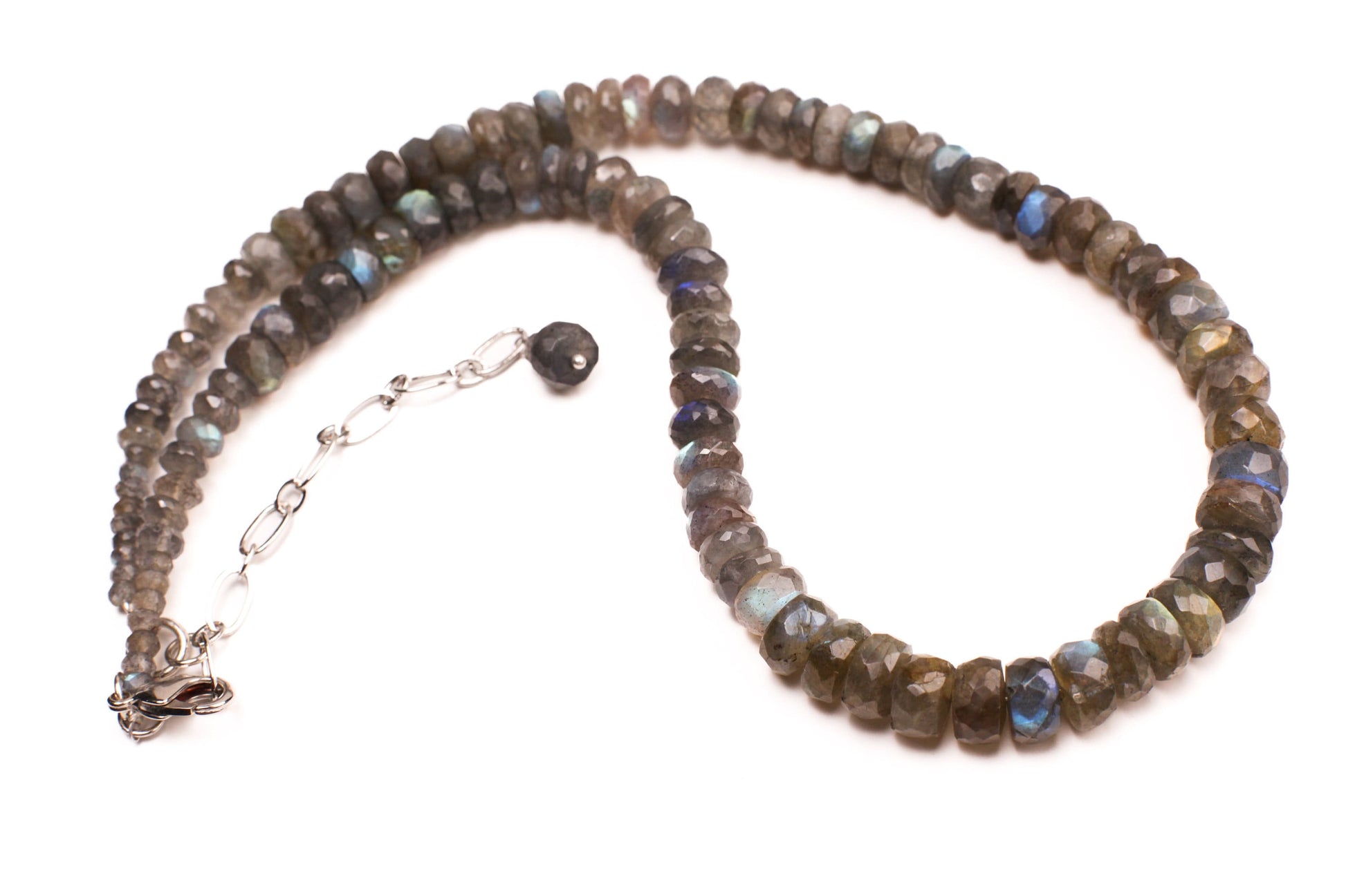 Labradorite Faceted Graduated Rondelle 4-9.5mm Natural Blue Flash Labradorite Rhodium Silver choker layering necklace 19" with 3" Extender