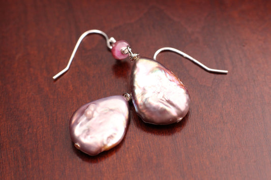 Freshwater Pink/Purpleish Keshi Teardrop Pearl, Wire Wrapped Pink Moonstone Spacer Dangling, 925 Sterling Silver Earrings, Boho, Gift