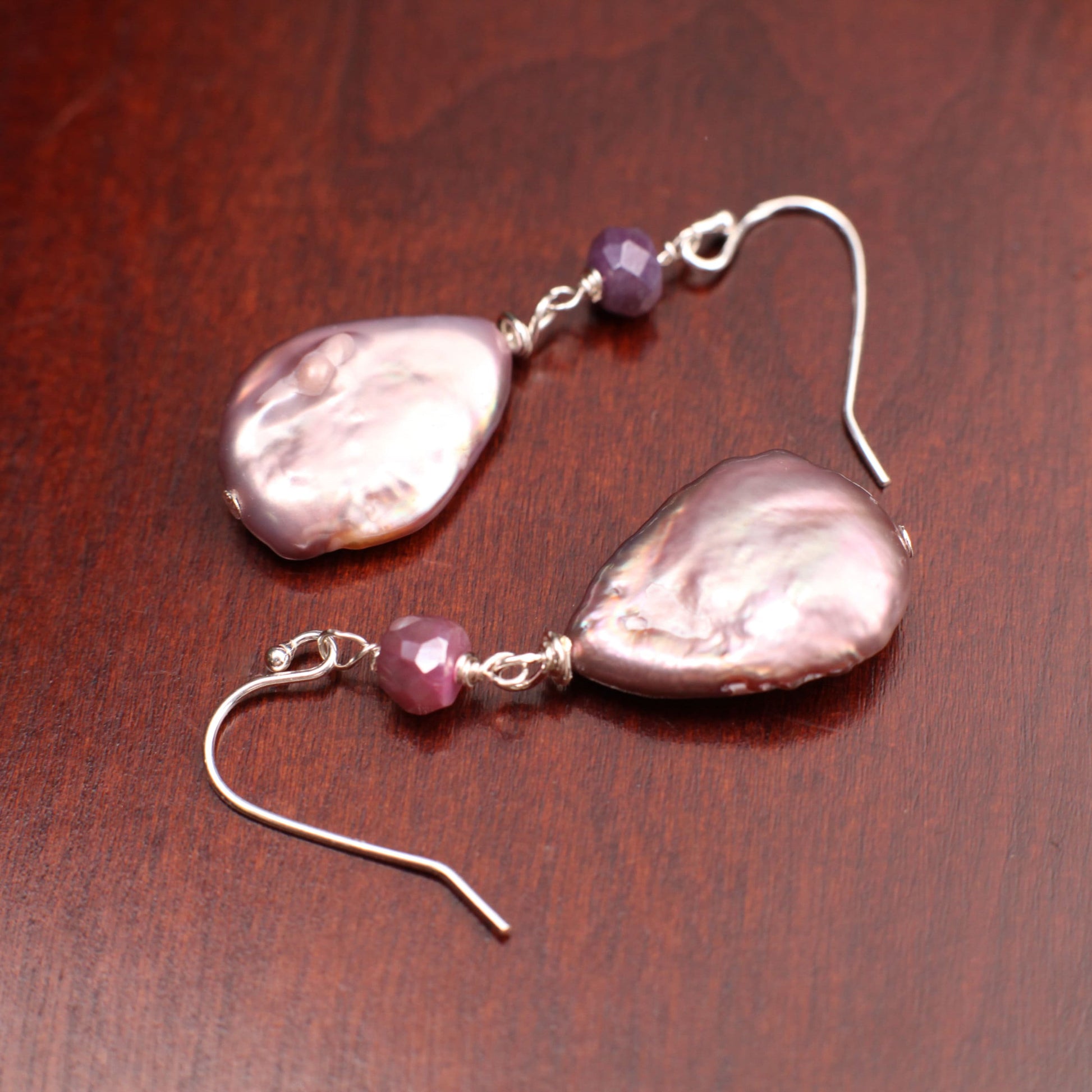 Freshwater Pink/Purpleish Keshi Teardrop Pearl, Wire Wrapped Pink Moonstone Spacer Dangling, 925 Sterling Silver Earrings, Boho, Gift