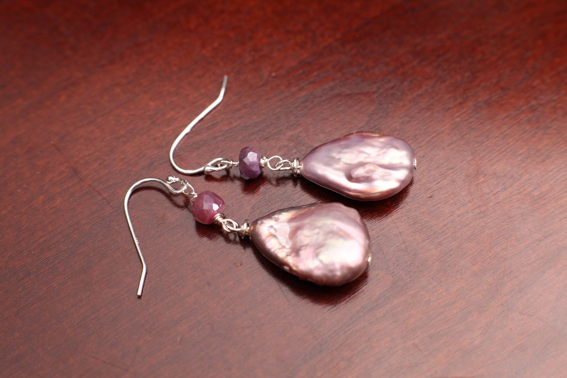 Freshwater Pink/Purpleish Keshi Teardrop Pearl, Wire Wrapped Pink Moonstone Spacer Dangling, 925 Sterling Silver Earrings, Boho, Gift