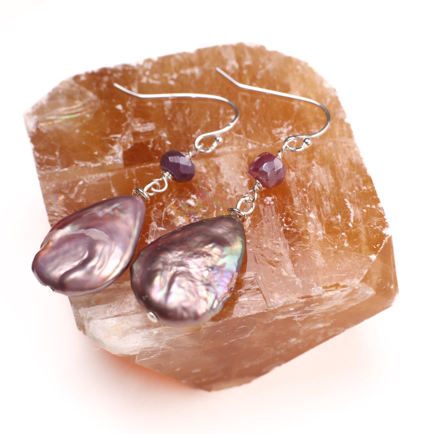 Freshwater Pink/Purpleish Keshi Teardrop Pearl, Wire Wrapped Pink Moonstone Spacer Dangling, 925 Sterling Silver Earrings, Boho, Gift