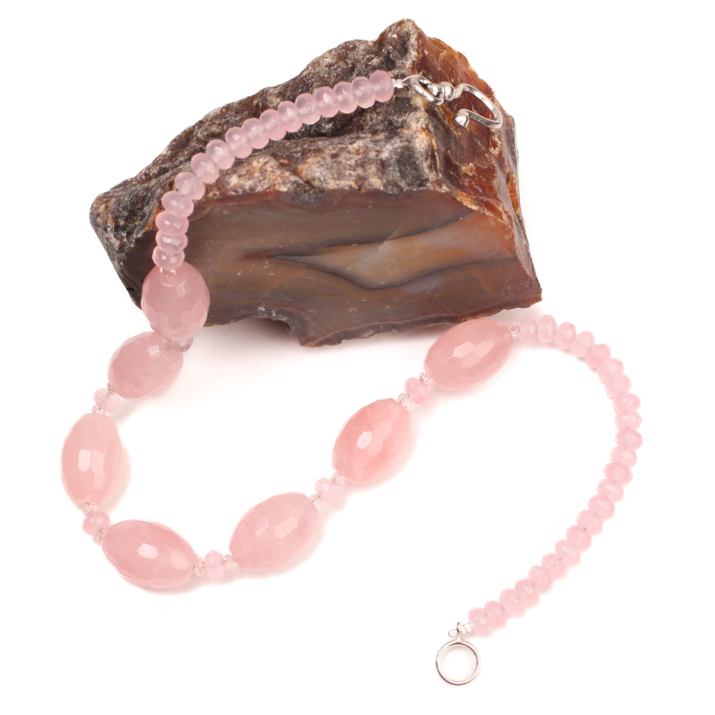 Madagascar Rose Quartz 18x26mm Faceted Oval with 8mm Faceted Rondelle Spacers Necklace with 2" Extension Chain, valentines