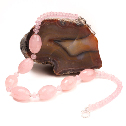 Madagascar Rose Quartz 18x26mm Faceted Oval with 8mm Faceted Rondelle Spacers Necklace with 2" Extension Chain, valentines