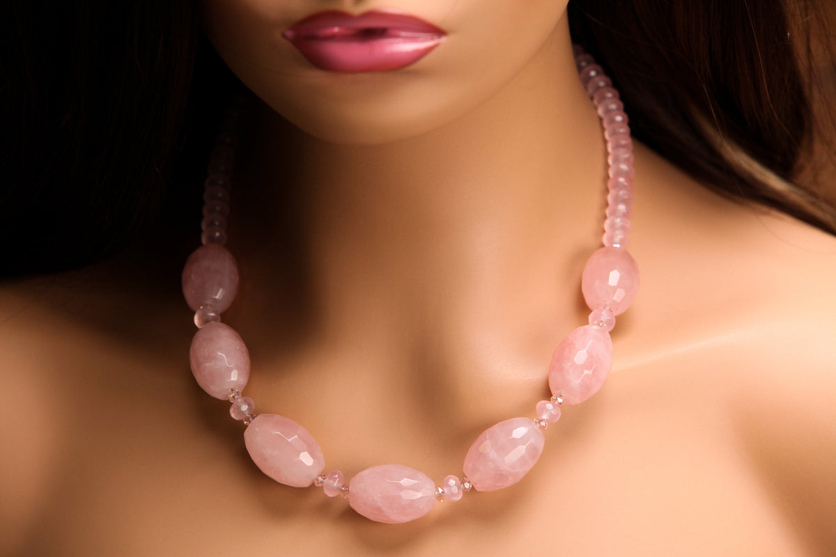 Madagascar Rose Quartz 18x26mm Faceted Oval with 8mm Faceted Rondelle Spacers Necklace with 2" Extension Chain, valentines