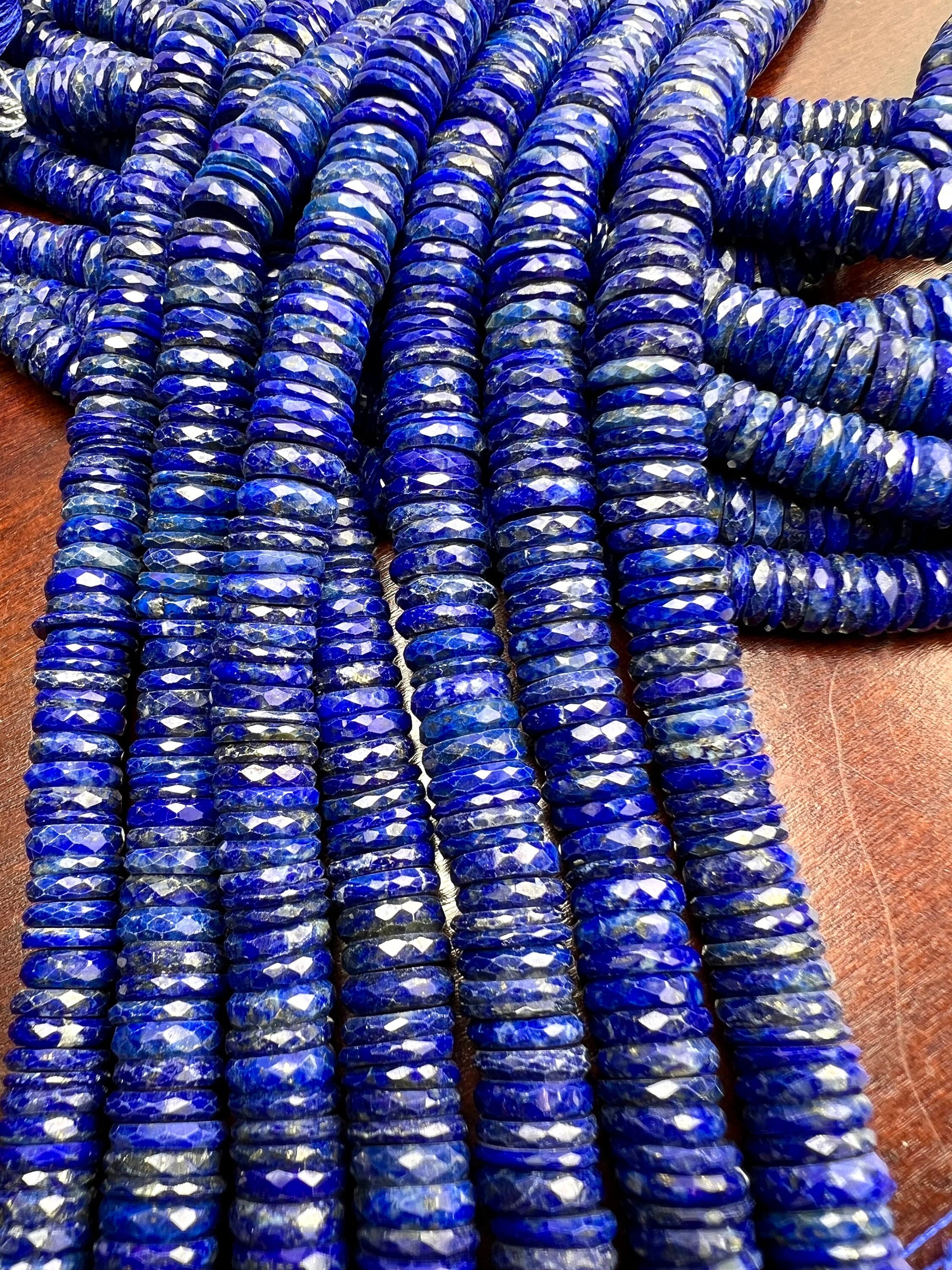 Genuine Lapis Lazuli Faceted Heishi Roundel Washer Beads 7.5” Strand 7.5, 9.5mm size AAA Bright Blue Gold Matrix Natural Lapis