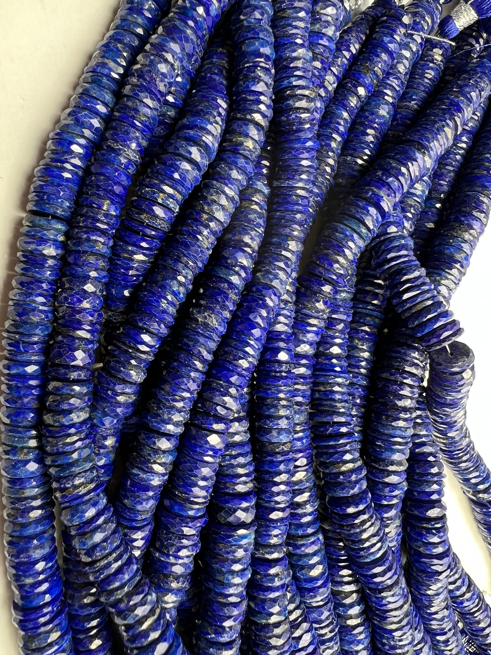 Genuine Lapis Lazuli Faceted Heishi Roundel Washer Beads 7.5” Strand 7.5, 9.5mm size AAA Bright Blue Gold Matrix Natural Lapis