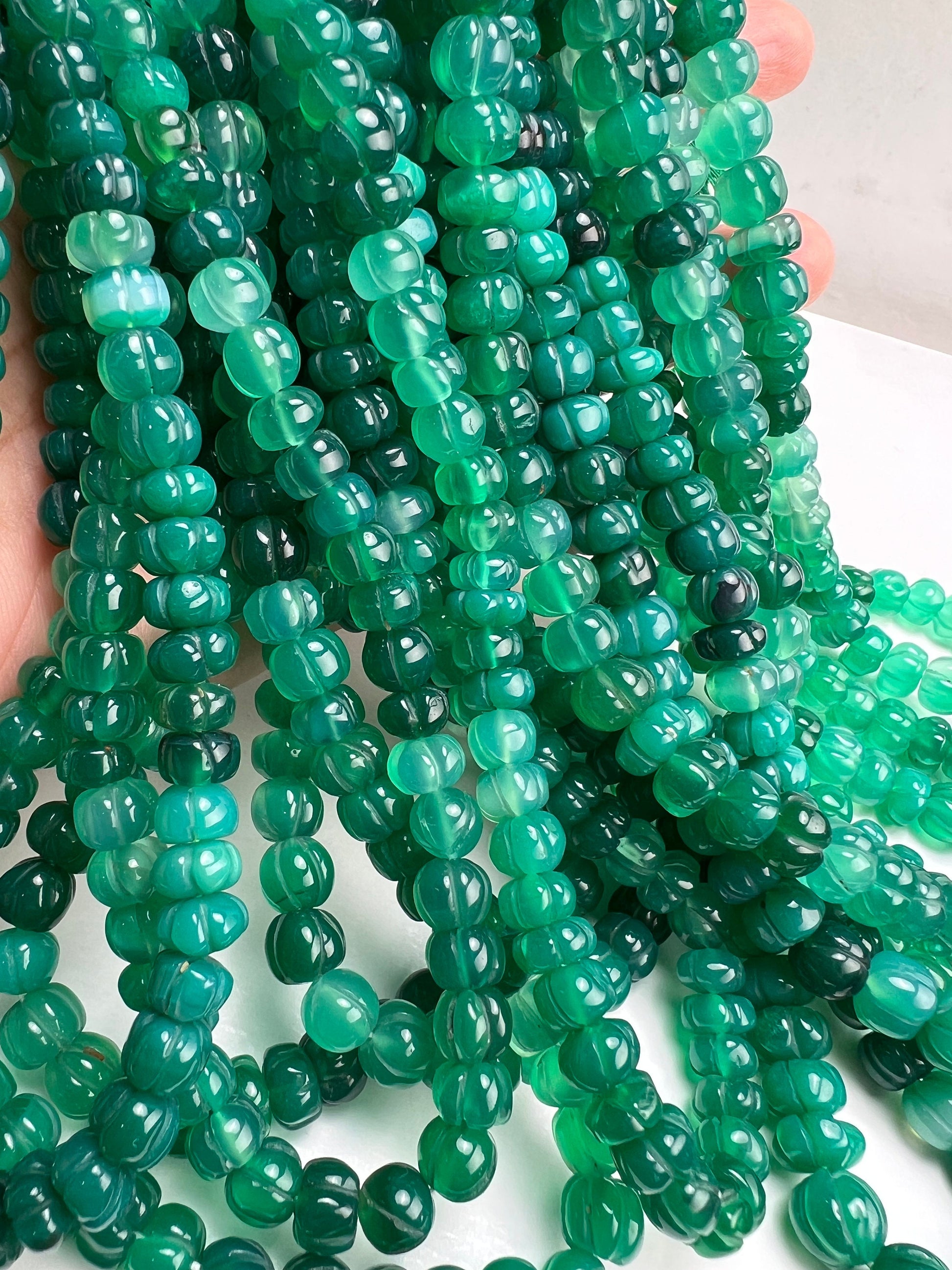 Natural Green Onyx Pumpkin shape hand carved bead Emerald Green shaded 8.5-9mm Melon bead , 7” strand apprx 28 pcs or 14” full strand 56 pcs