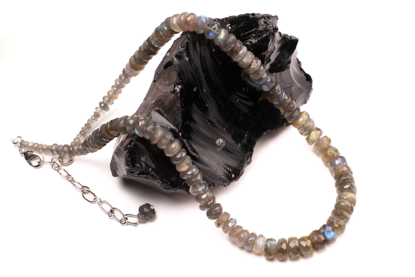 Labradorite Faceted Graduated Rondelle 4-9.5mm Natural Blue Flash Labradorite Rhodium Silver choker layering necklace 19" with 3" Extender