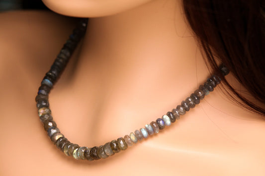 Labradorite Faceted Graduated Rondelle 4-9.5mm Natural Blue Flash Labradorite Rhodium Silver choker layering necklace 19" with 3" Extender