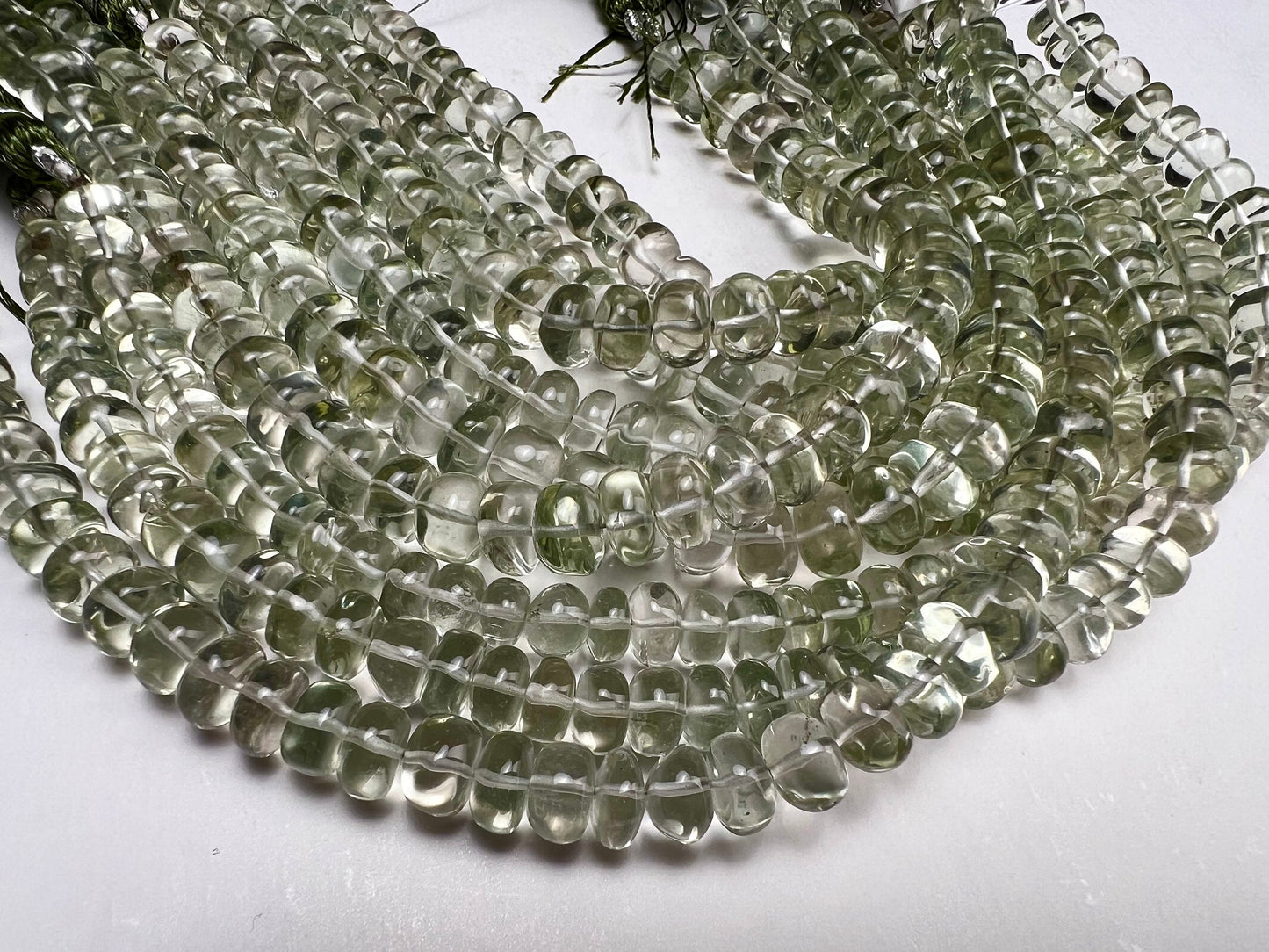 Green Amethyst Prasiolite smooth tyre 7-8mm wheel roundel beads light green Green Jewelry Making Gemstone Beads 8” strand