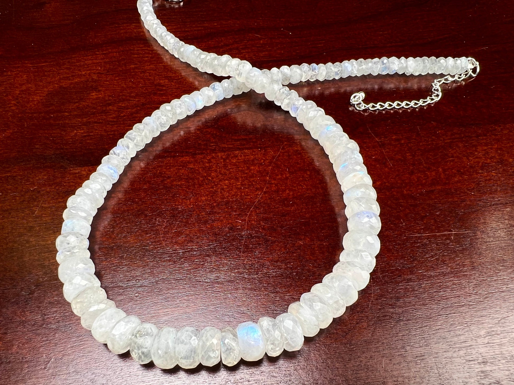 Natural Rainbow Moonstone Graduated 6-9mm Faceted Roundel Gemstone Necklace 18” plus 2.5” Extension, June Birthstone, Precious Gift For Her