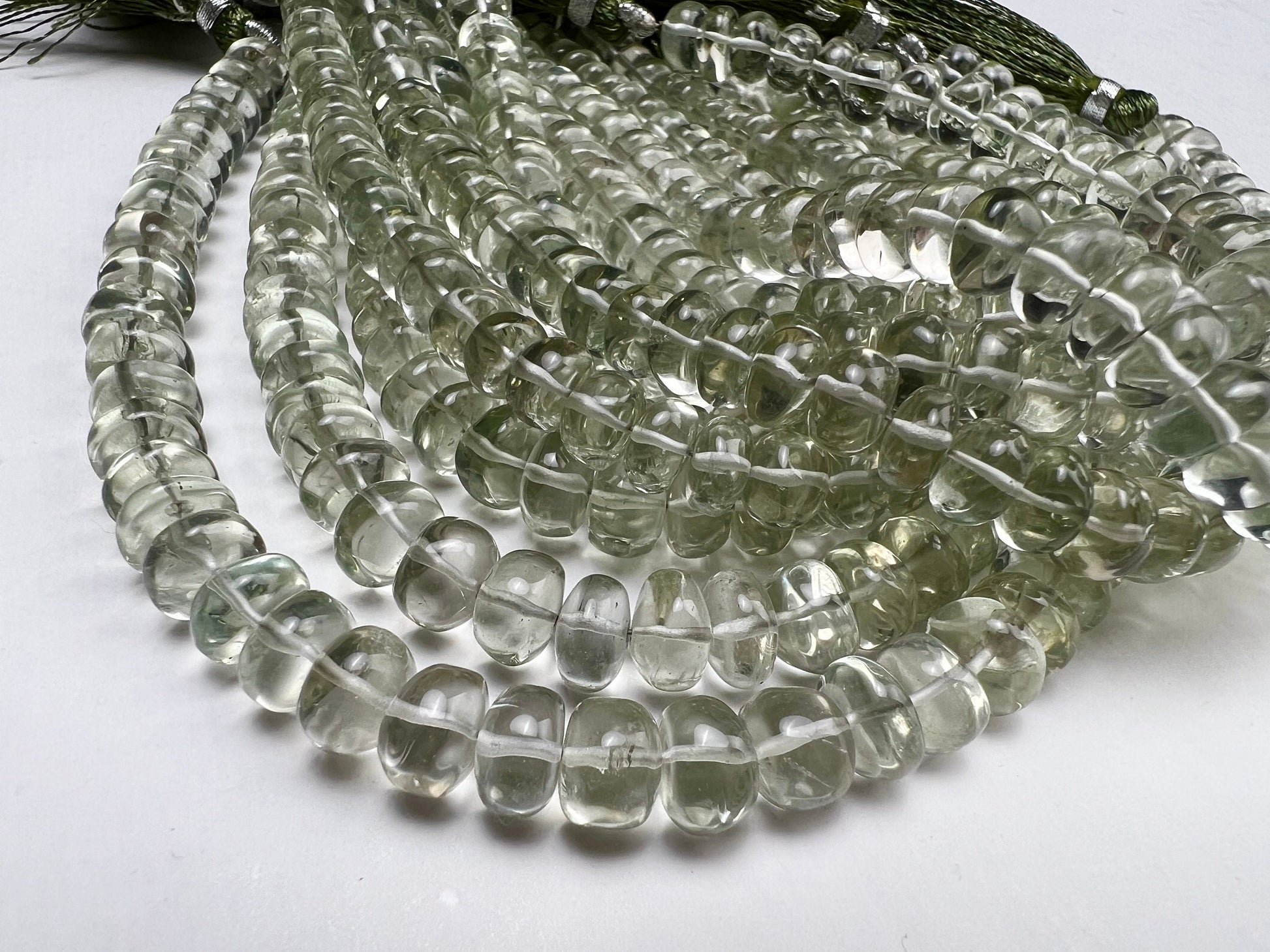 Green Amethyst Prasiolite smooth tyre 7-8mm wheel roundel beads light green Green Jewelry Making Gemstone Beads 8” strand