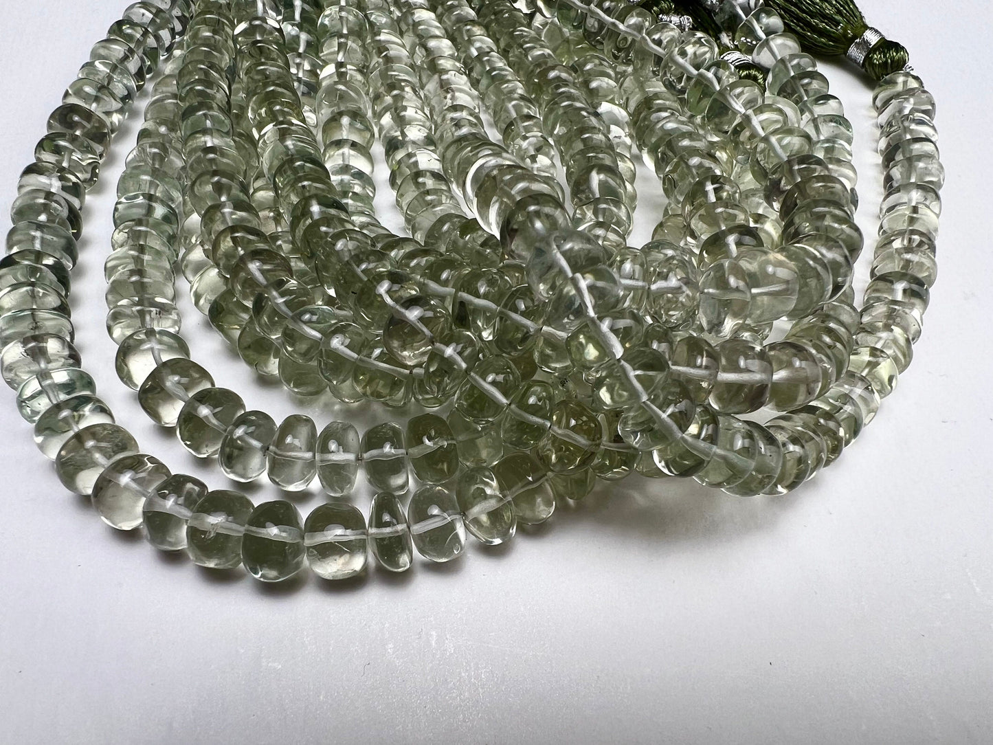 Green Amethyst Prasiolite smooth tyre 7-8mm wheel roundel beads light green Green Jewelry Making Gemstone Beads 8” strand