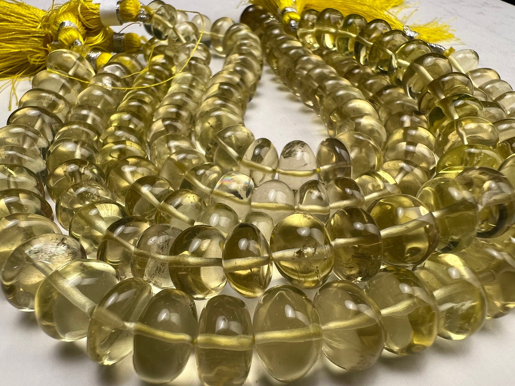 Natural Lemon Quartz Smooth Tyre wheel roundel Jewelry making beads, Nice Quality,9-11mm 2 sizes .8” strand