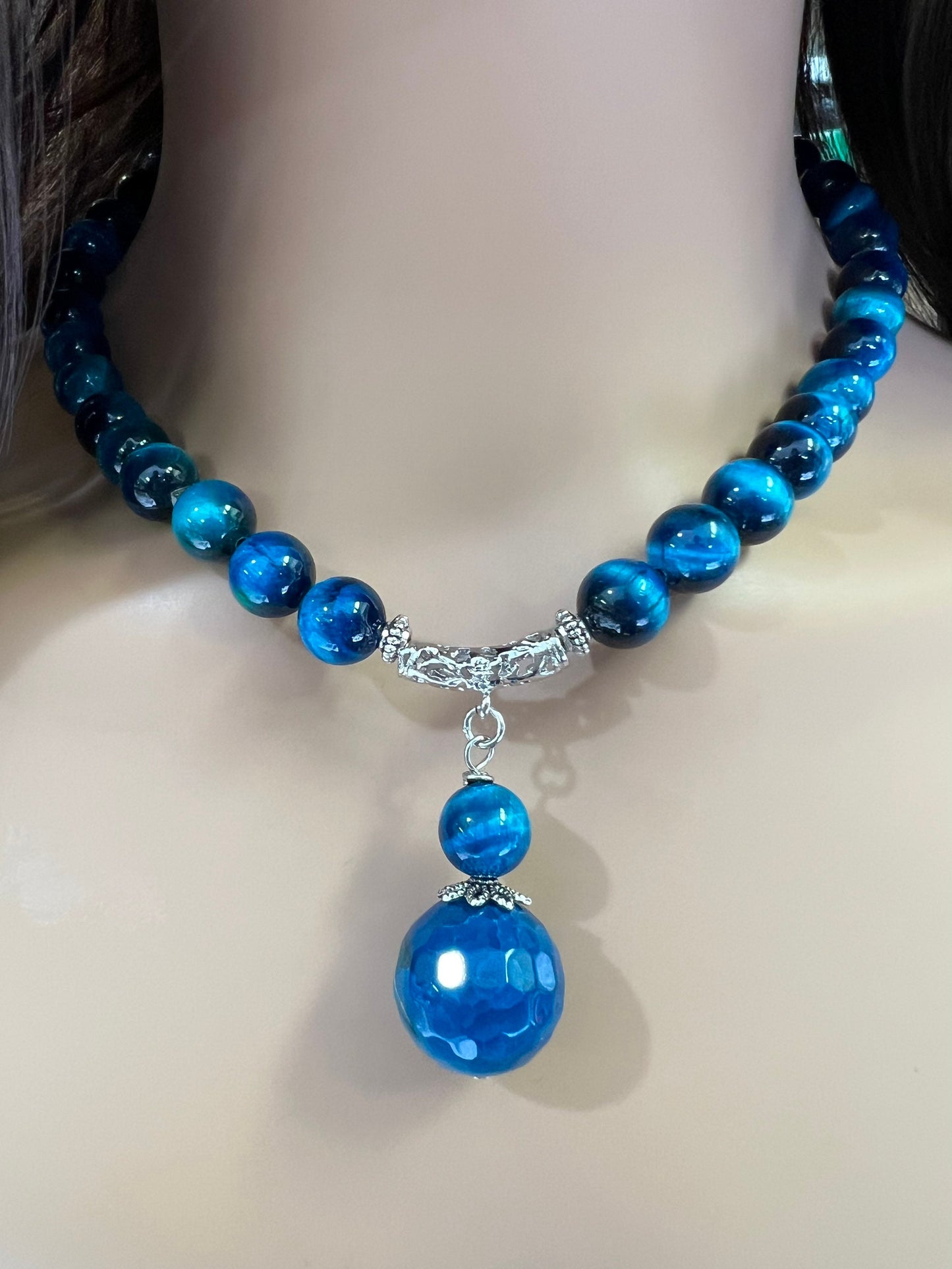 Blue Tiger Eye 10mm smooth round AAA with matching blue fire agate 18mm pendant rhodium silver spacer and S hook clasp 18” necklace