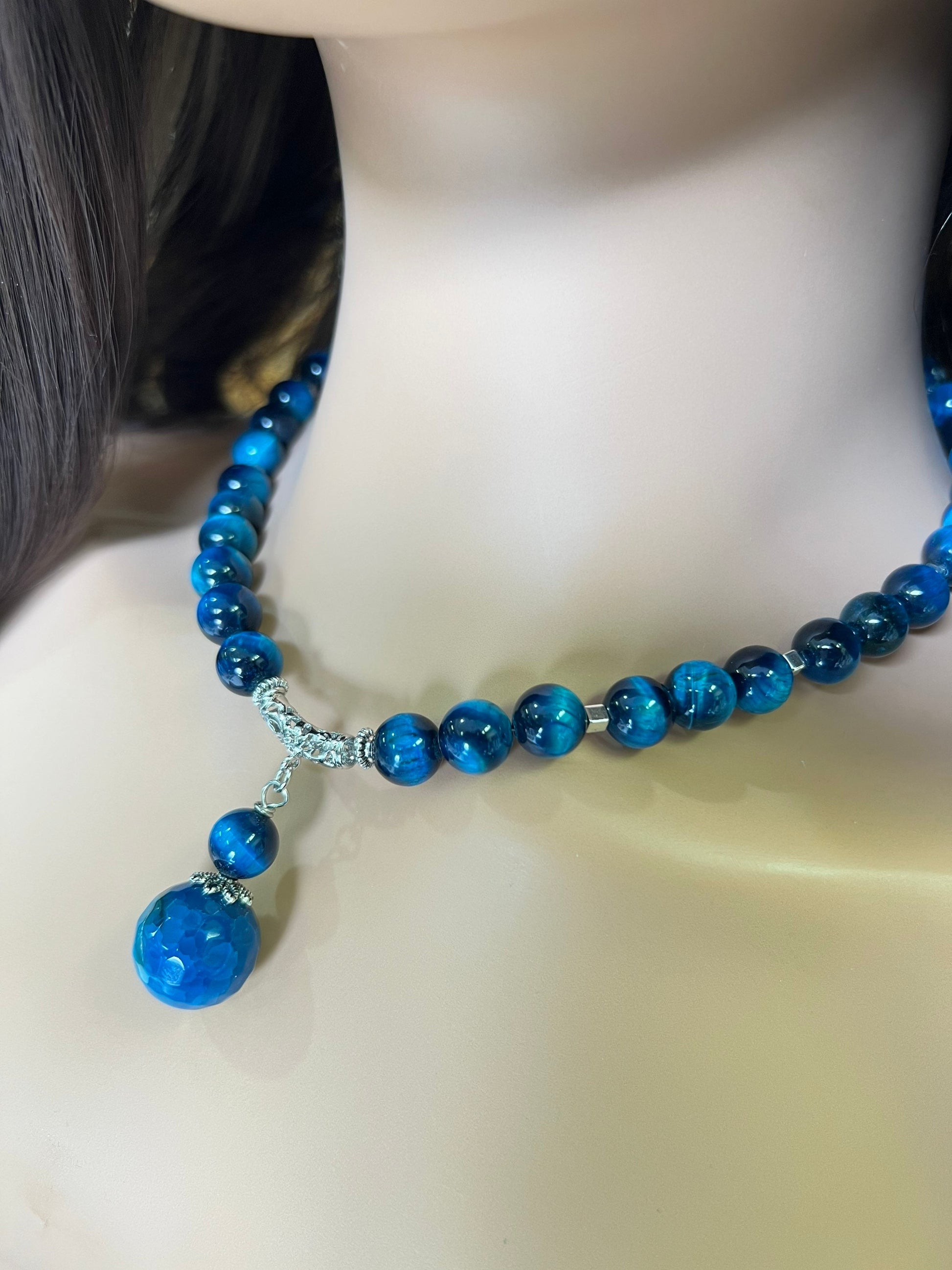 Blue Tiger Eye 10mm smooth round AAA with matching blue fire agate 18mm pendant rhodium silver spacer and S hook clasp 18” necklace