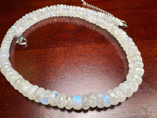 Natural Rainbow Moonstone Graduated 6-9mm Faceted Roundel Gemstone Necklace 18” plus 2.5” Extension, June Birthstone, Precious Gift For Her