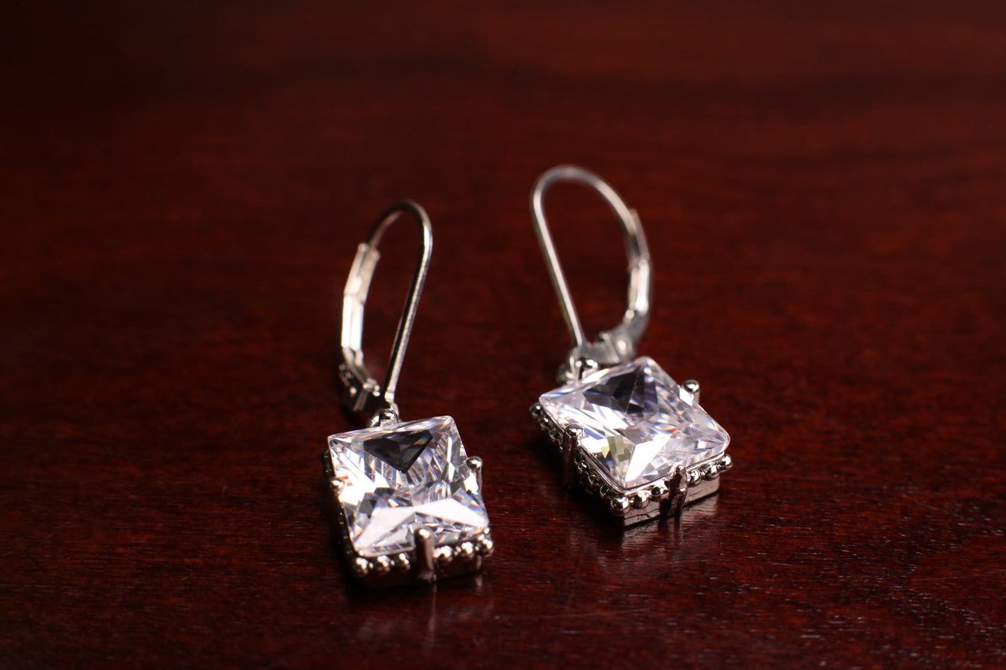 Emerald Cut Cubic Zirconia CZ Diamond Rectangle Pillow Shape 9x12mm Fancy 925 Sterling Silver Leverback Earrings, Evening Wear,Bridal