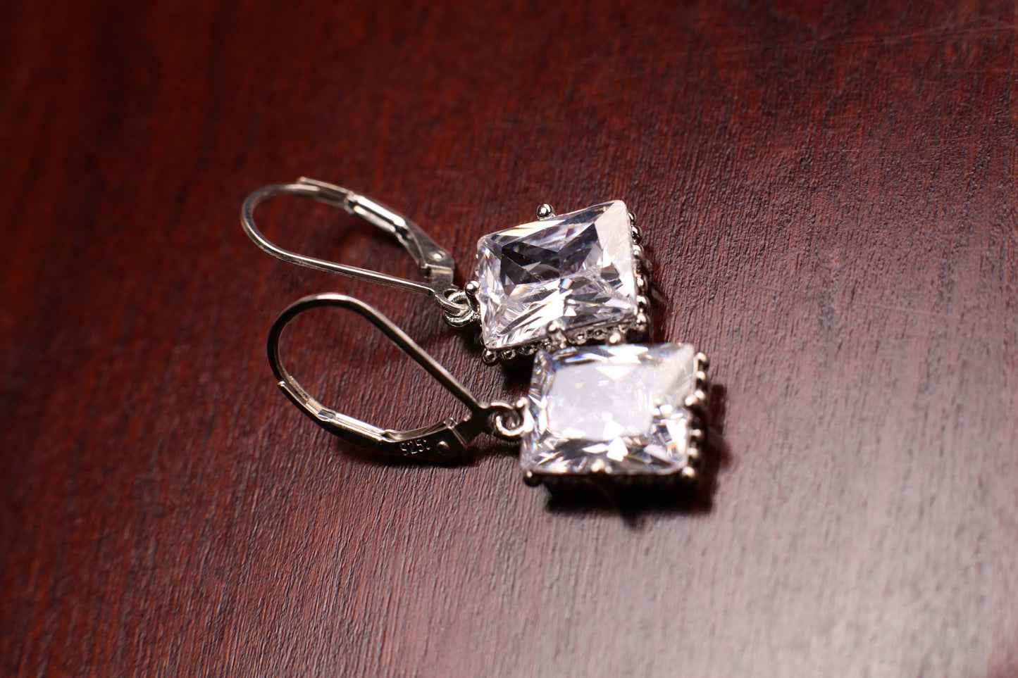 Emerald Cut Cubic Zirconia CZ Diamond Rectangle Pillow Shape 9x12mm Fancy 925 Sterling Silver Leverback Earrings, Evening Wear,Bridal