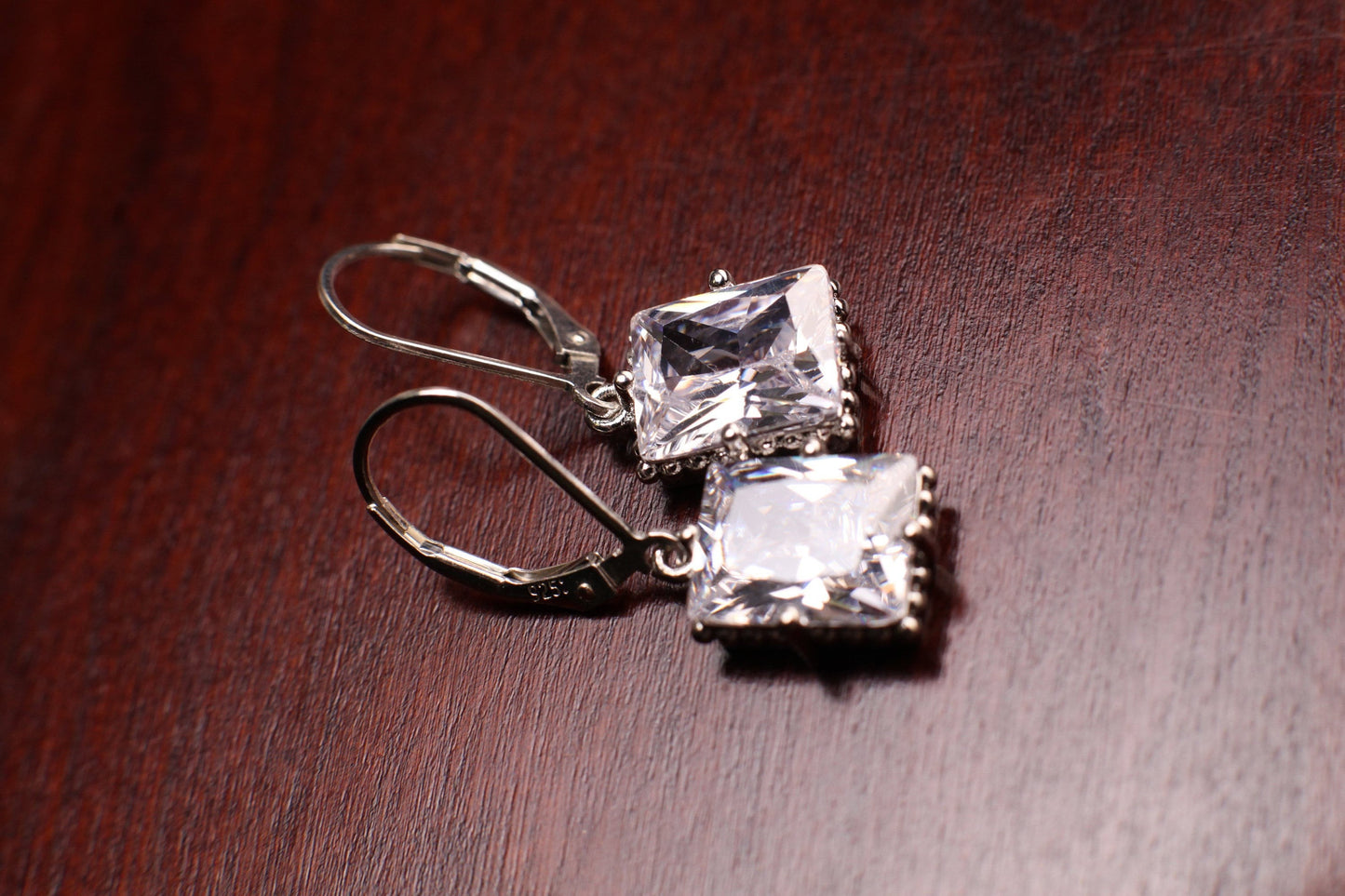 Emerald Cut Cubic Zirconia CZ Diamond Rectangle Pillow Shape 9x12mm 925 Sterling Silver Leverback Earrings, Evening Wear,Bridal
