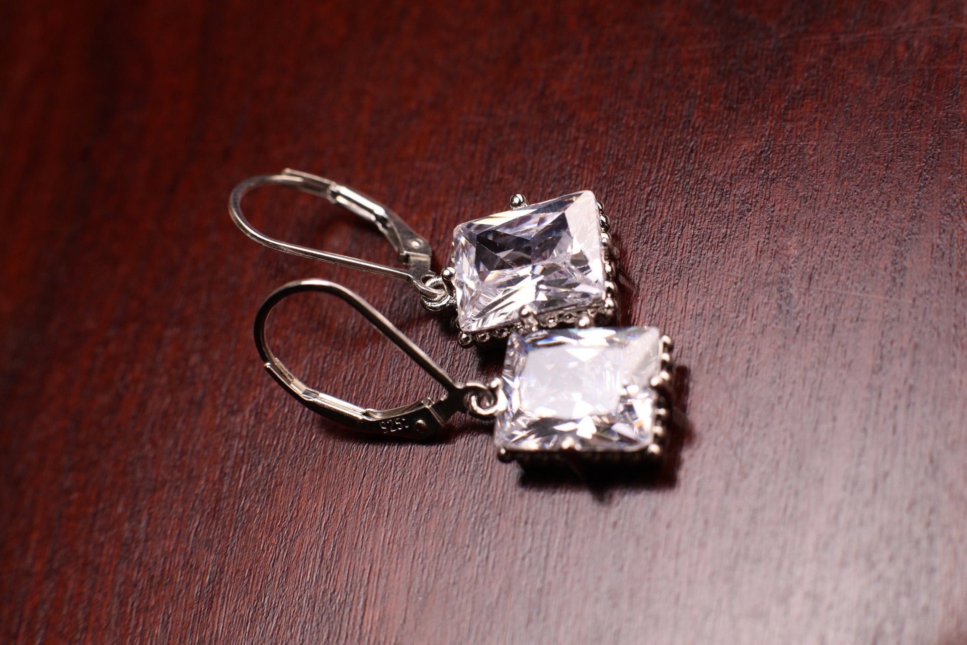 Emerald Cut Cubic Zirconia CZ Diamond Rectangle Pillow Shape 9x12mm 925 Sterling Silver Leverback Earrings, Evening Wear,Bridal