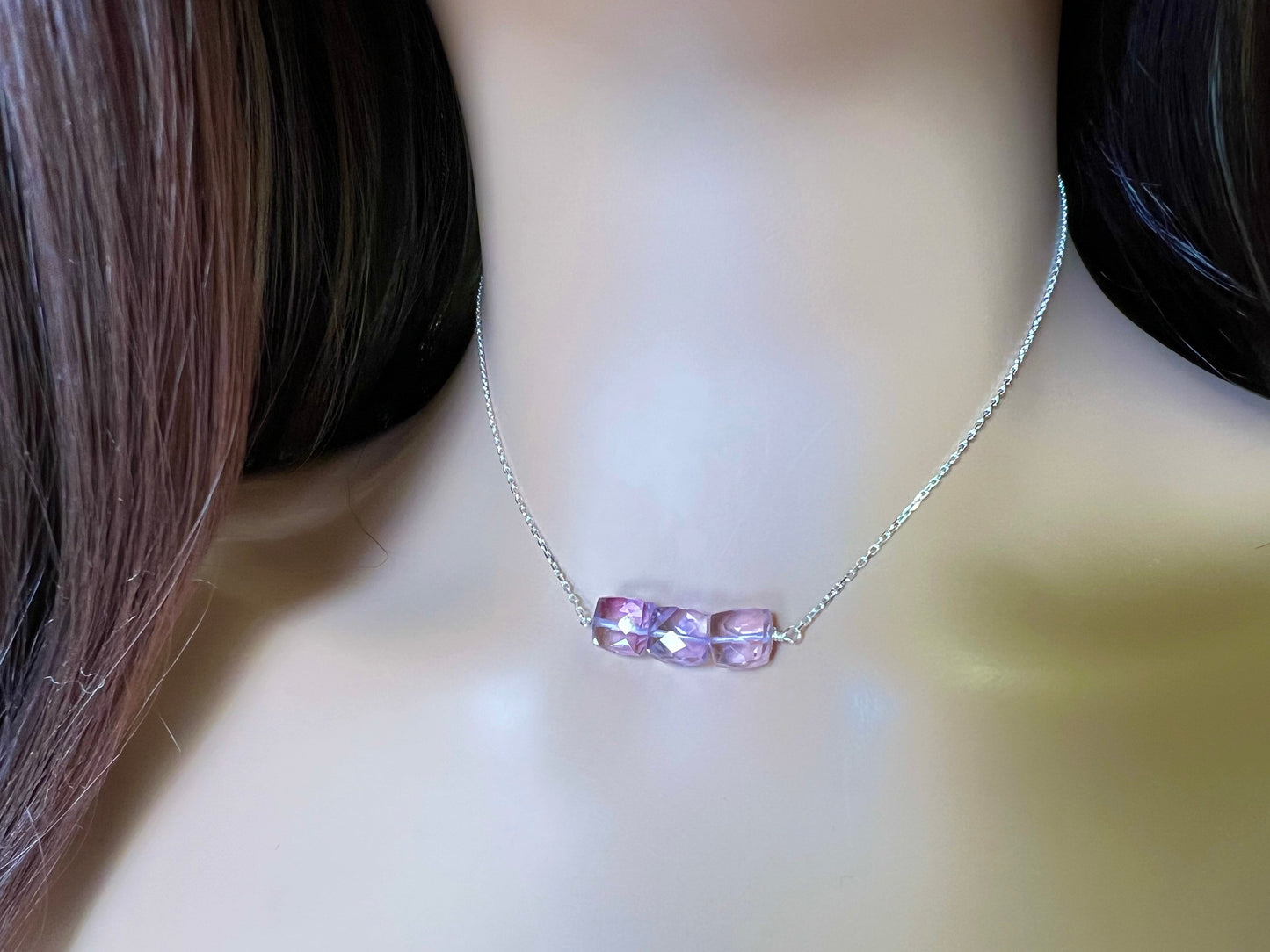 Natural Pink Amethyst 7-9mm 3 pcs Cube in 925 Sterling Silver necklace Soothing Gem, Natural AAA Amethyst Square Ice Cube Gems