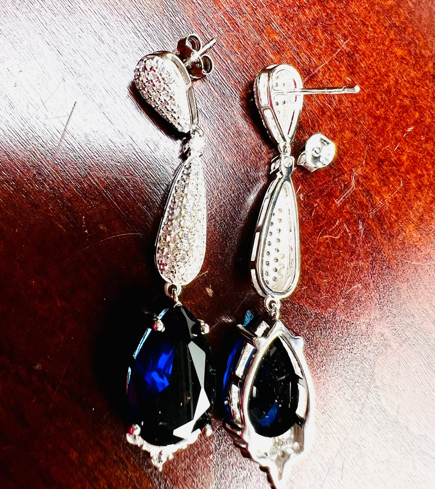Genuine sapphire 10x14 Teardrop, 925 Sterling Silver High Quality Cubic Zirconia Setting Dangling Post Earring,925 stamped