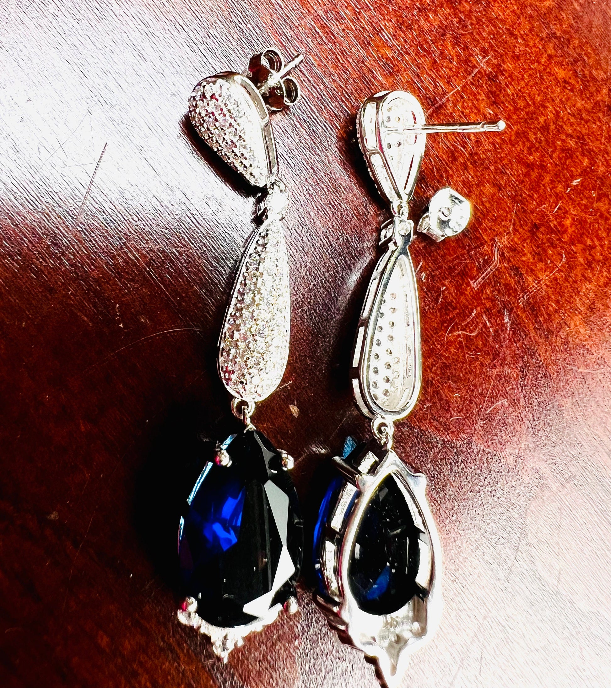 Genuine sapphire 10x14 Teardrop, 925 Sterling Silver High Quality Cubic Zirconia Setting Dangling Post Earring,925 stamped