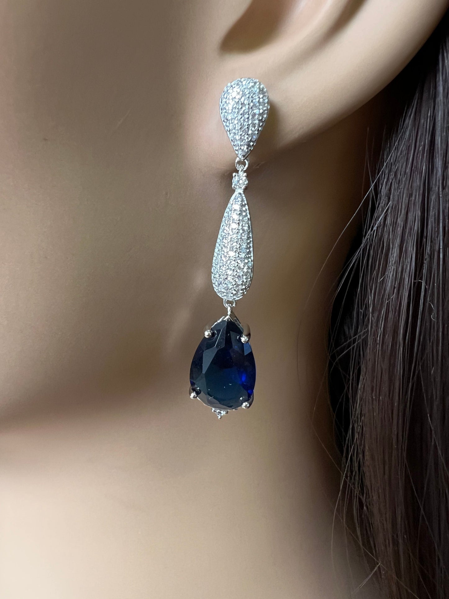 Genuine sapphire 10x14 Teardrop, 925 Sterling Silver High Quality Cubic Zirconia Setting Dangling Post Earring,925 stamped