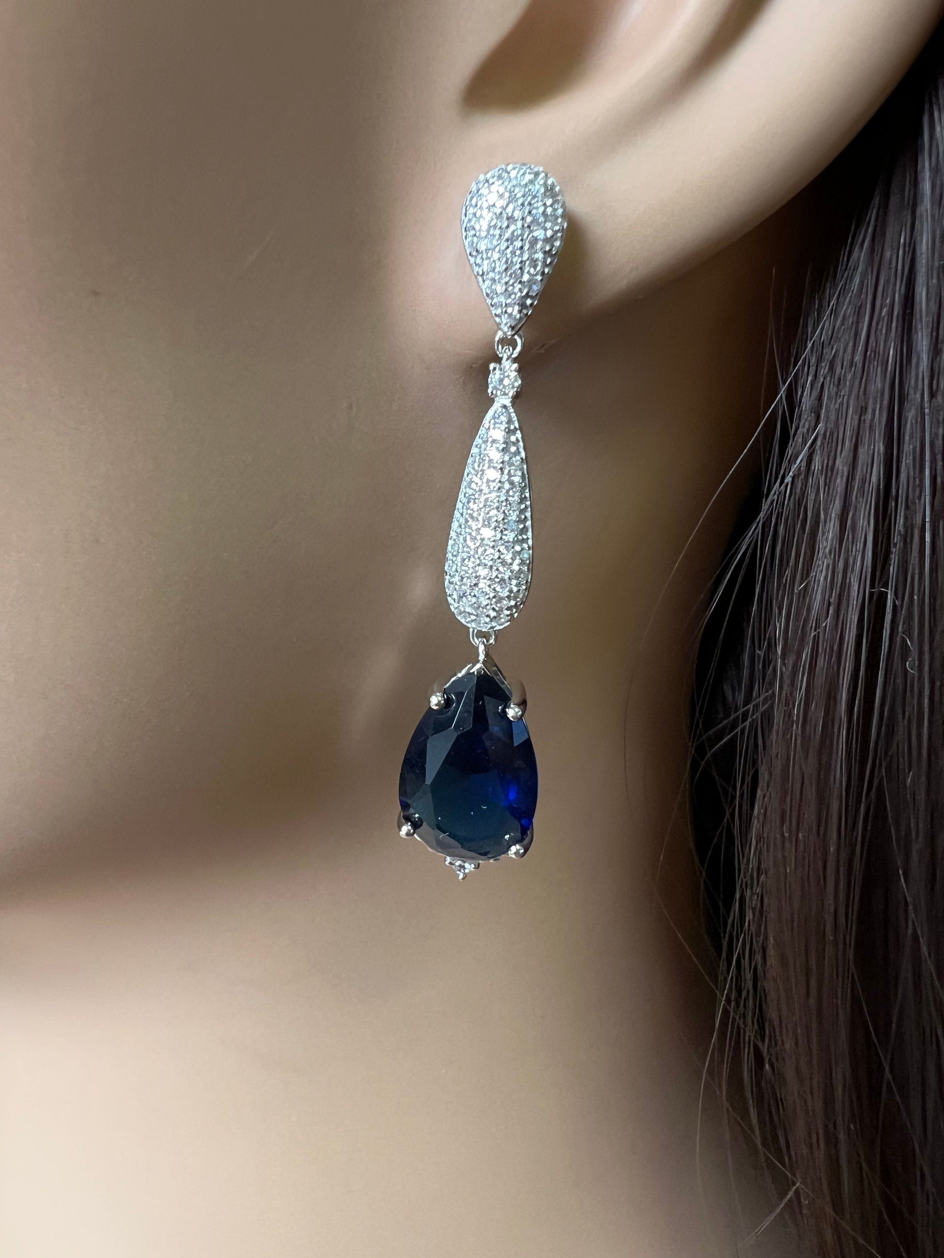 Genuine sapphire 10x14 Teardrop, 925 Sterling Silver High Quality Cubic Zirconia Setting Dangling Post Earring,925 stamped