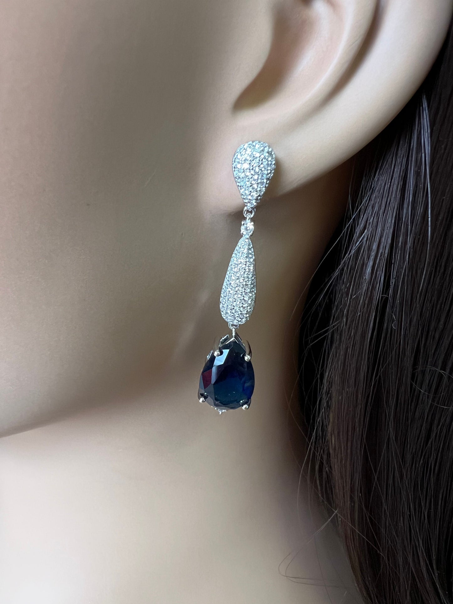 Genuine sapphire 10x14 Teardrop, 925 Sterling Silver High Quality Cubic Zirconia Setting Dangling Post Earring,925 stamped