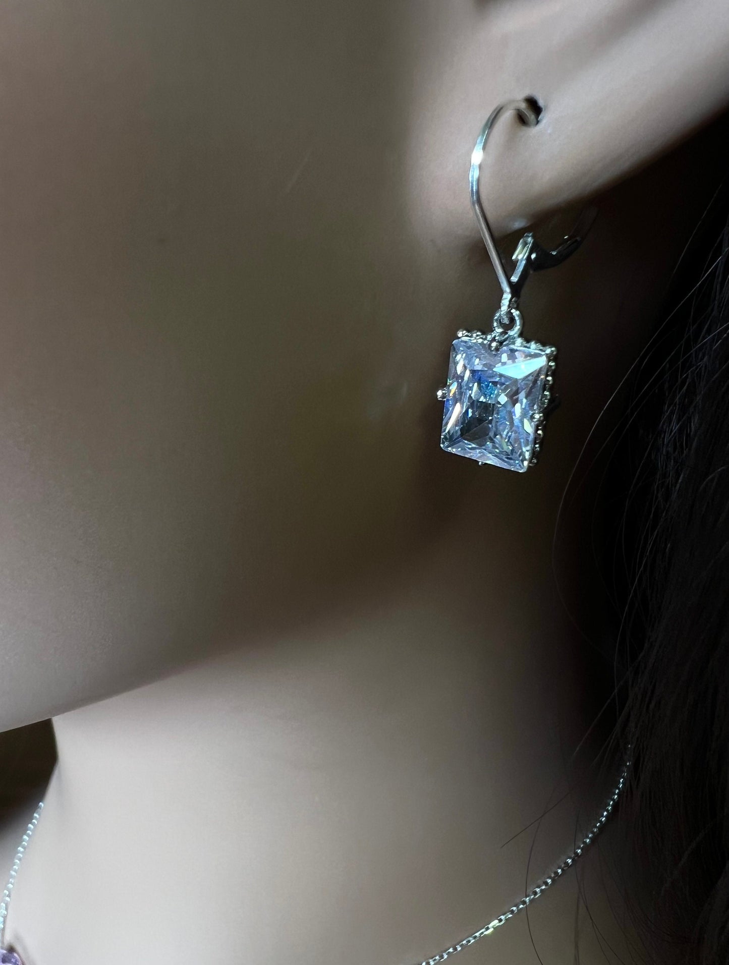 Emerald Cut Cubic Zirconia CZ Diamond Rectangle Pillow Shape 9x12mm Fancy 925 Sterling Silver Leverback Earrings, Evening Wear,Bridal