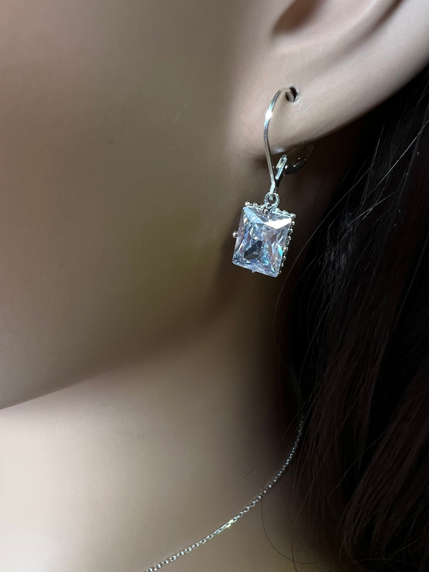 Emerald Cut Cubic Zirconia CZ Diamond Rectangle Pillow Shape 9x12mm Fancy 925 Sterling Silver Leverback Earrings, Evening Wear,Bridal