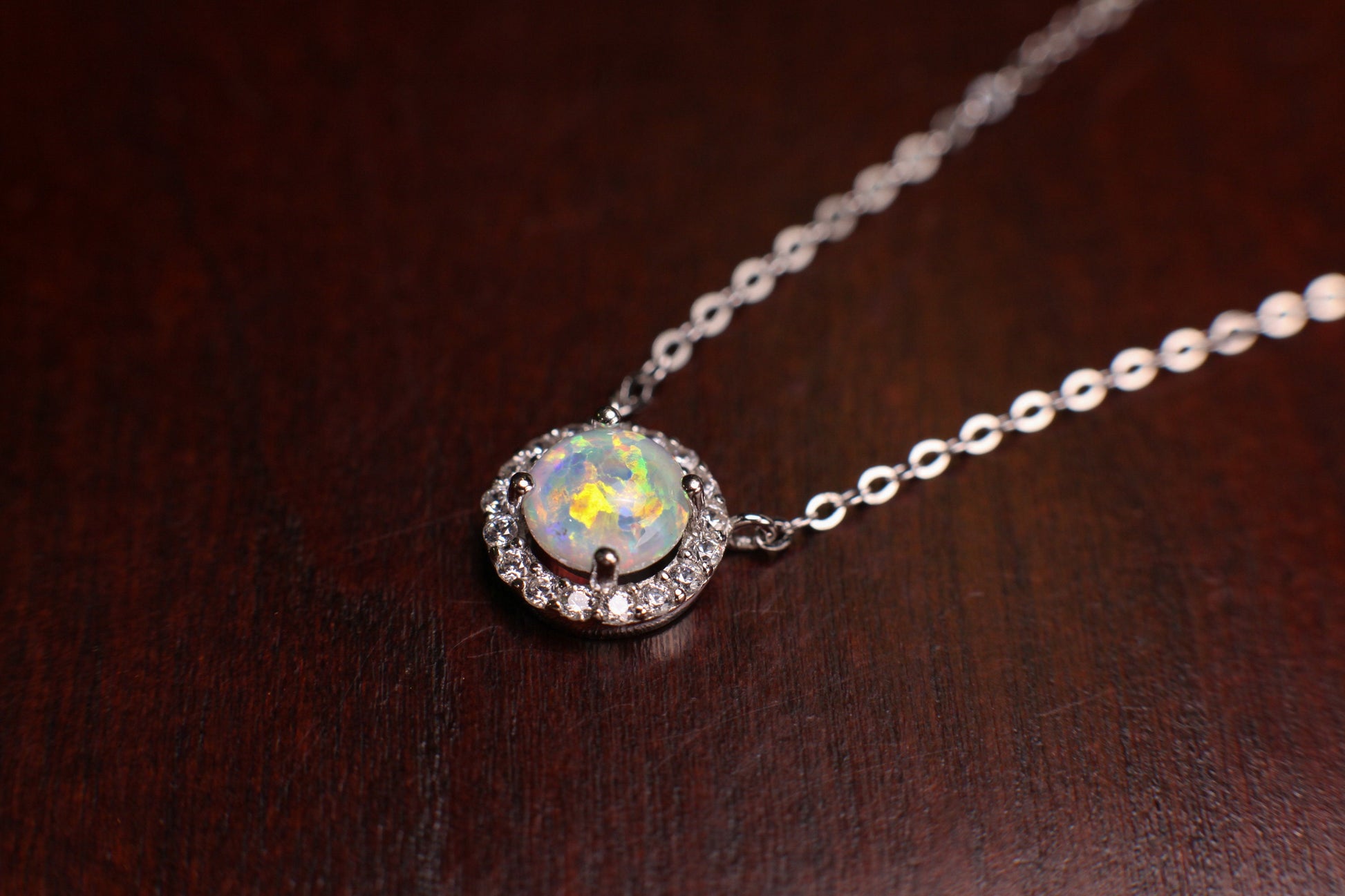 Ethiopian Fire Opal, Welo Opal, 9mm Round CZ Diamond setting pendant in 925 sterling silver Necklace. Genuine AAA Quality Fiery Opal gift