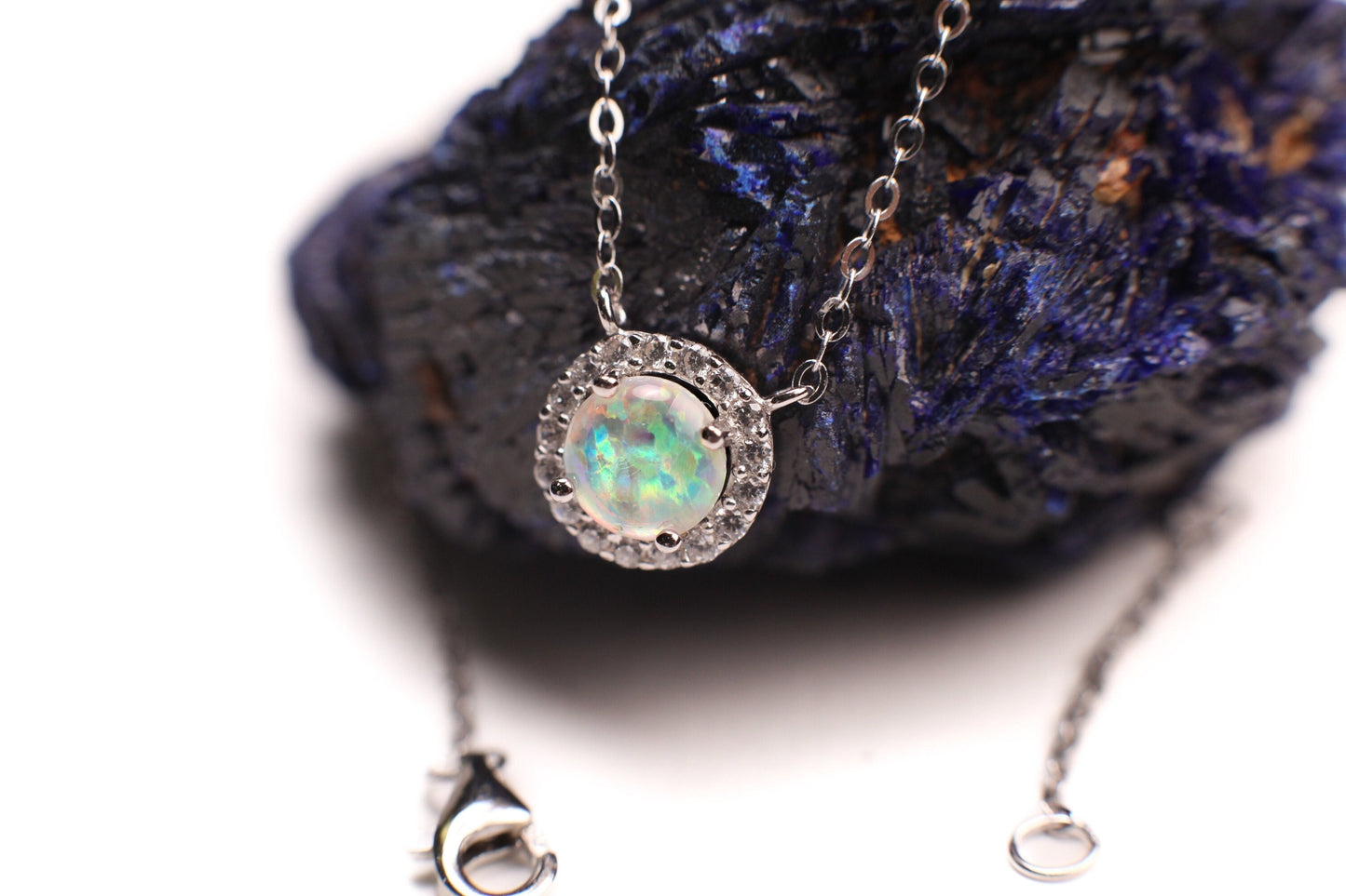 Ethiopian Fire Opal, Welo Opal, 9mm Round CZ Diamond setting pendant in 925 sterling silver Necklace. Genuine AAA Quality Fiery Opal gift