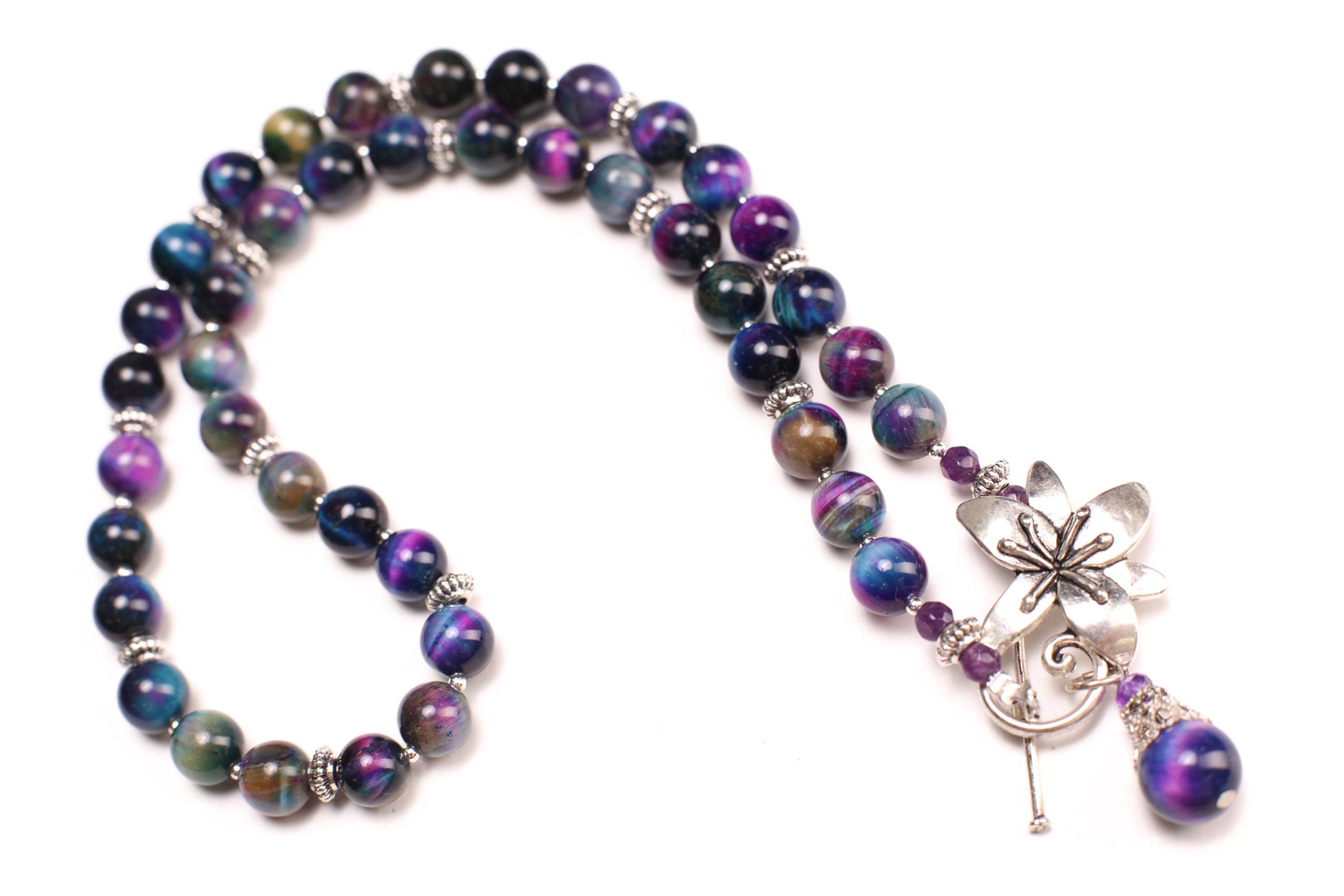 Galaxy Tiger Eye 8mm smooth round AAA quality with matching pendant Bali style spacer and flower toggle necklace. Strength