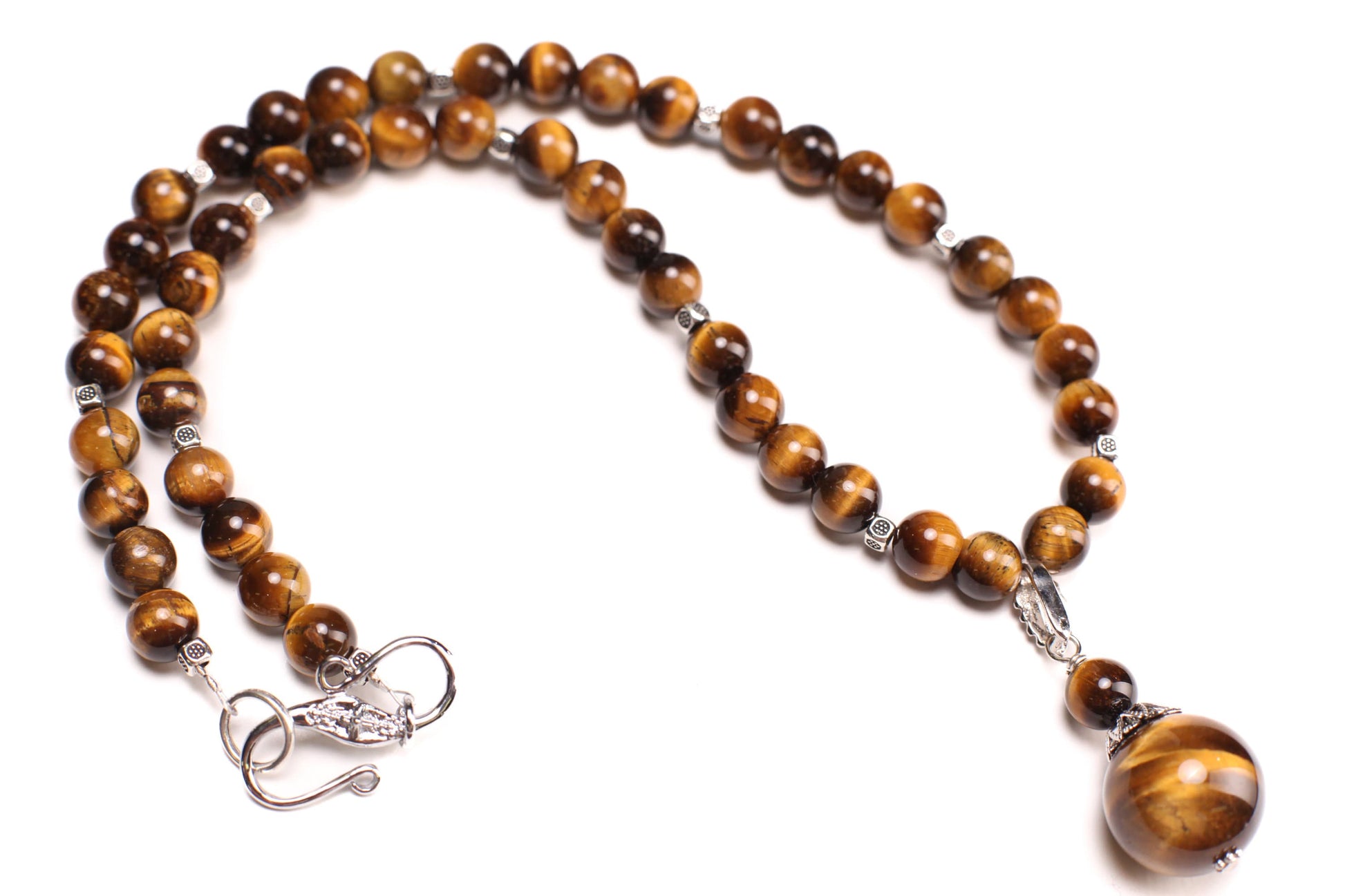 Brown Tiger Eye 8mm smooth round AAA with matching tiger eye 18mm pendant rhodium silver spacer and S hook clasp 18” necklace