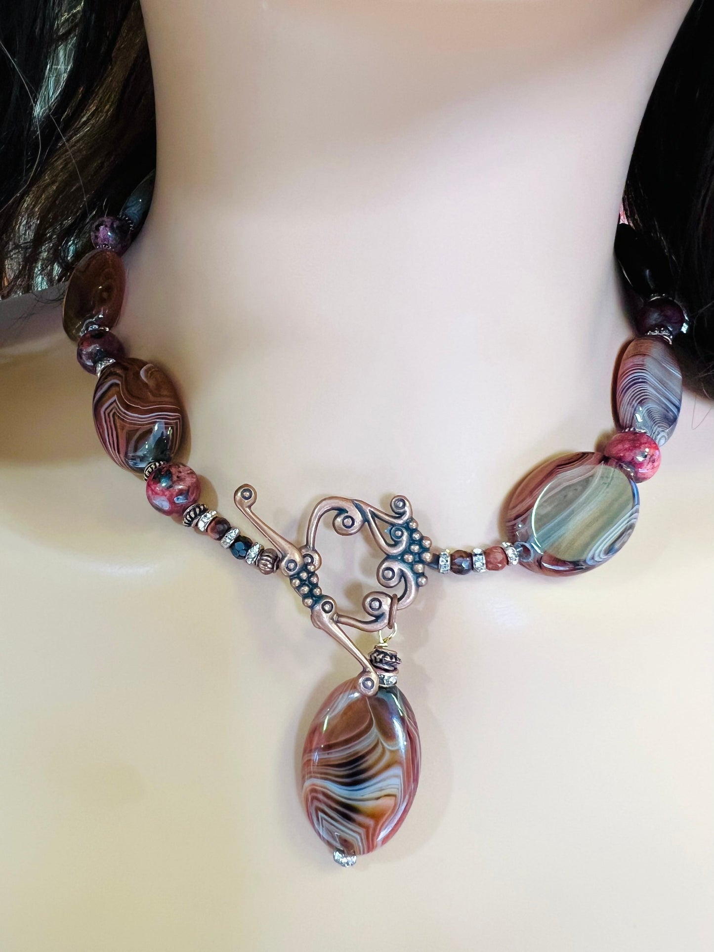 Genuine stripe agate smooth oval antique copper fancy toggle front and pendant statement chunky necklace 18”