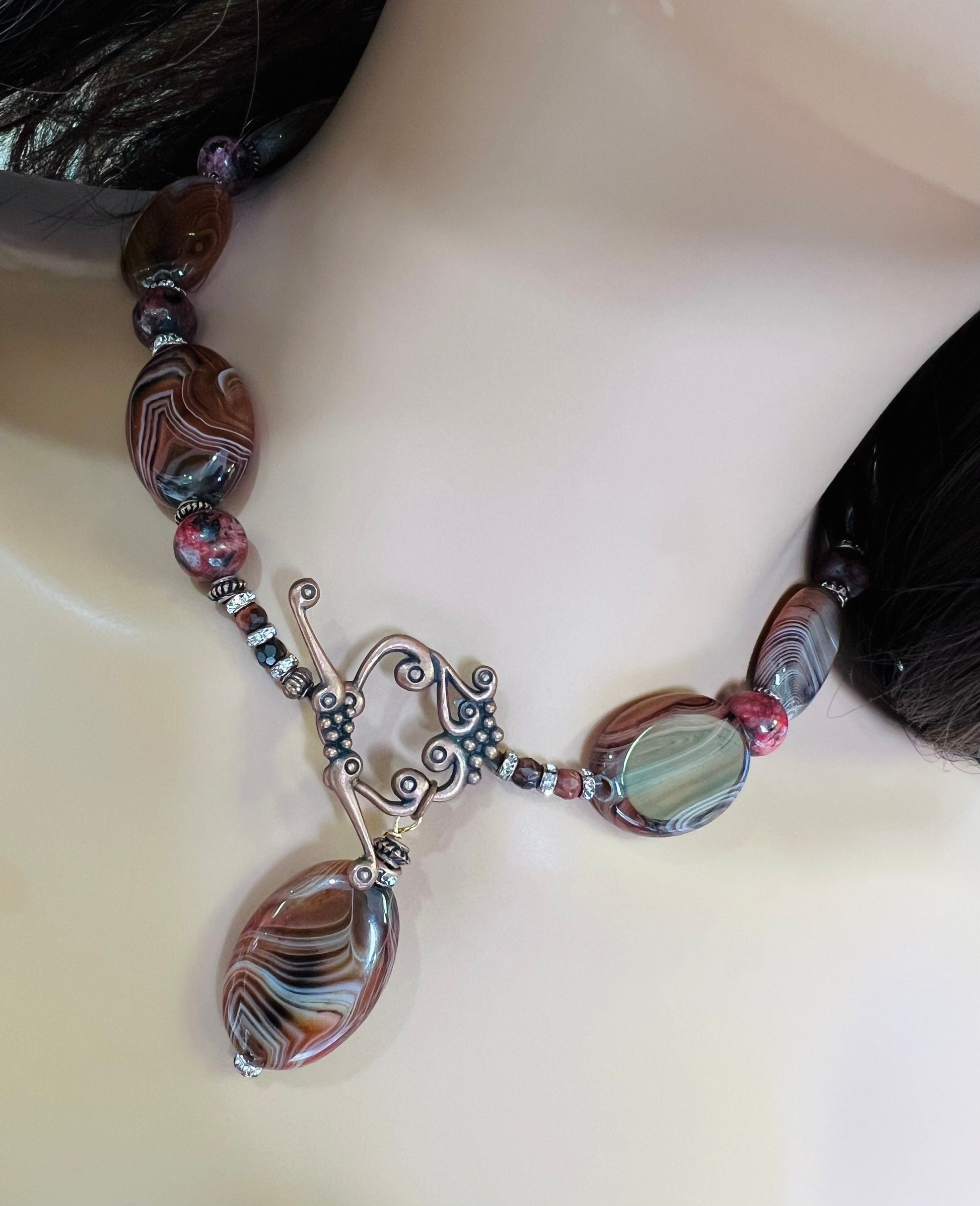 Genuine stripe agate smooth oval antique copper fancy toggle front and pendant statement chunky necklace 18”