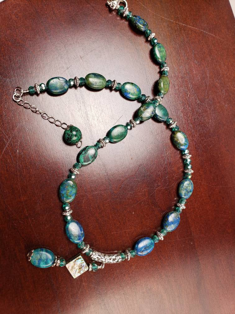 Azurite & Abalone Shell Pendant Necklace, Rhodium Silver, Bali Spacer