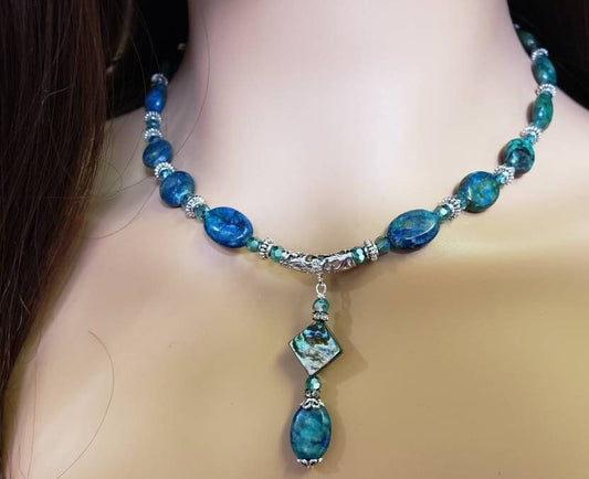 Azurite & Abalone Shell Pendant Necklace, Rhodium Silver, Bali Spacer