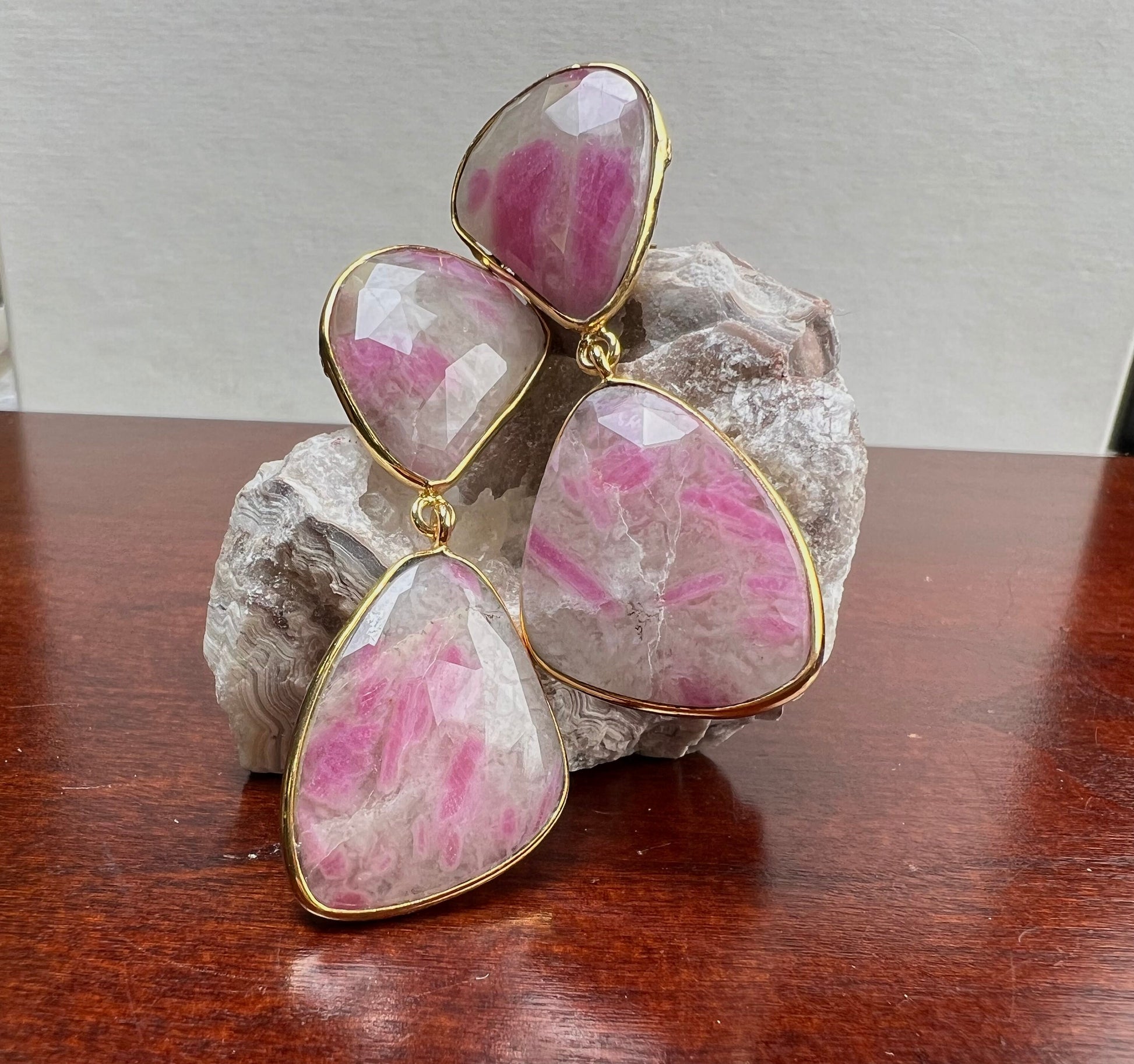 Natural Pink Sapphire Shaded Faceted Freeform triangular bezel 22k gold vermeil handmade earrings.