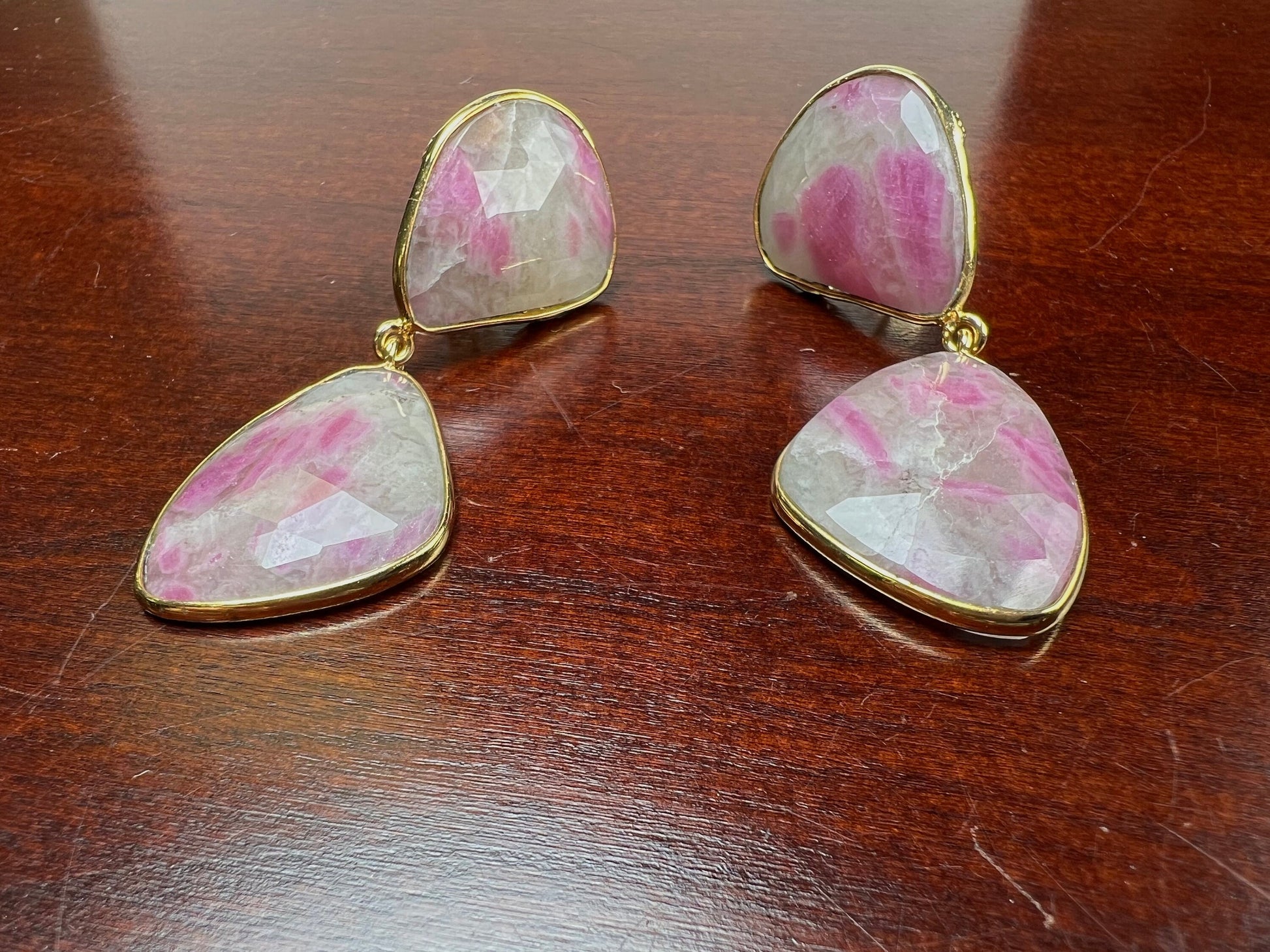 Natural Pink Sapphire Shaded Faceted Freeform triangular bezel 22k gold vermeil handmade earrings.