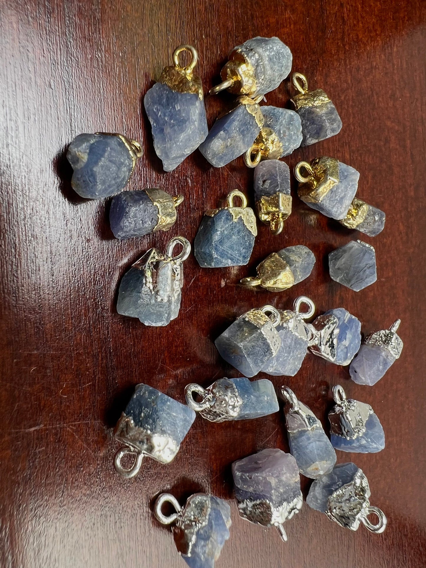 Natural Raw Blue Kyanite Freeform Gemstone with Sterling silver and 22k gold vermeil cap charms ,pendant dangle, Good luck gems .